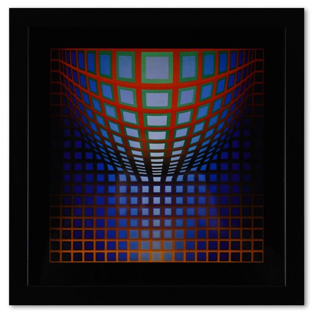 Victor Vasarely (1908-1997), "Kezdi - Vega de la serie Structures Universelles Du Damier" Framed: Kezdi - Vega de la serie Structures Universelles Du Damier is a heliogravure print on paper, published in 1975, by Victor Vasarely (1908-1997). This piece comes custom framed, with a letter of authent