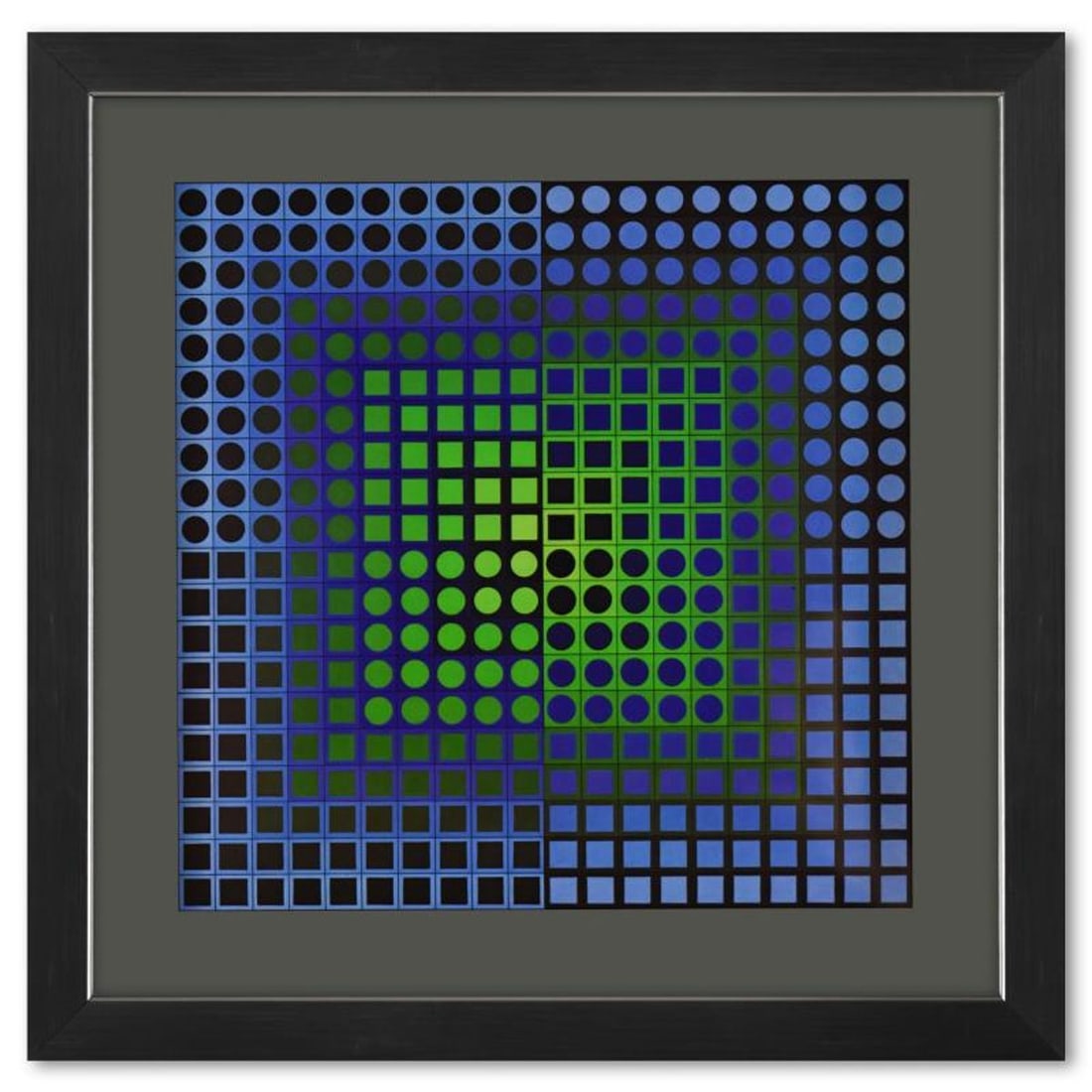 Victor Vasarely (1908-1997), "Zoeld de la serie Folklore Planetaire" Framed 1971 Heliogravure Print: Zoeld de la serie Folklore Planetaire is a heliogravure print on paper, published in 1971, by Victor Vasarely (1908-1997). This piece comes custom framed, with a letter of authenticity and with a