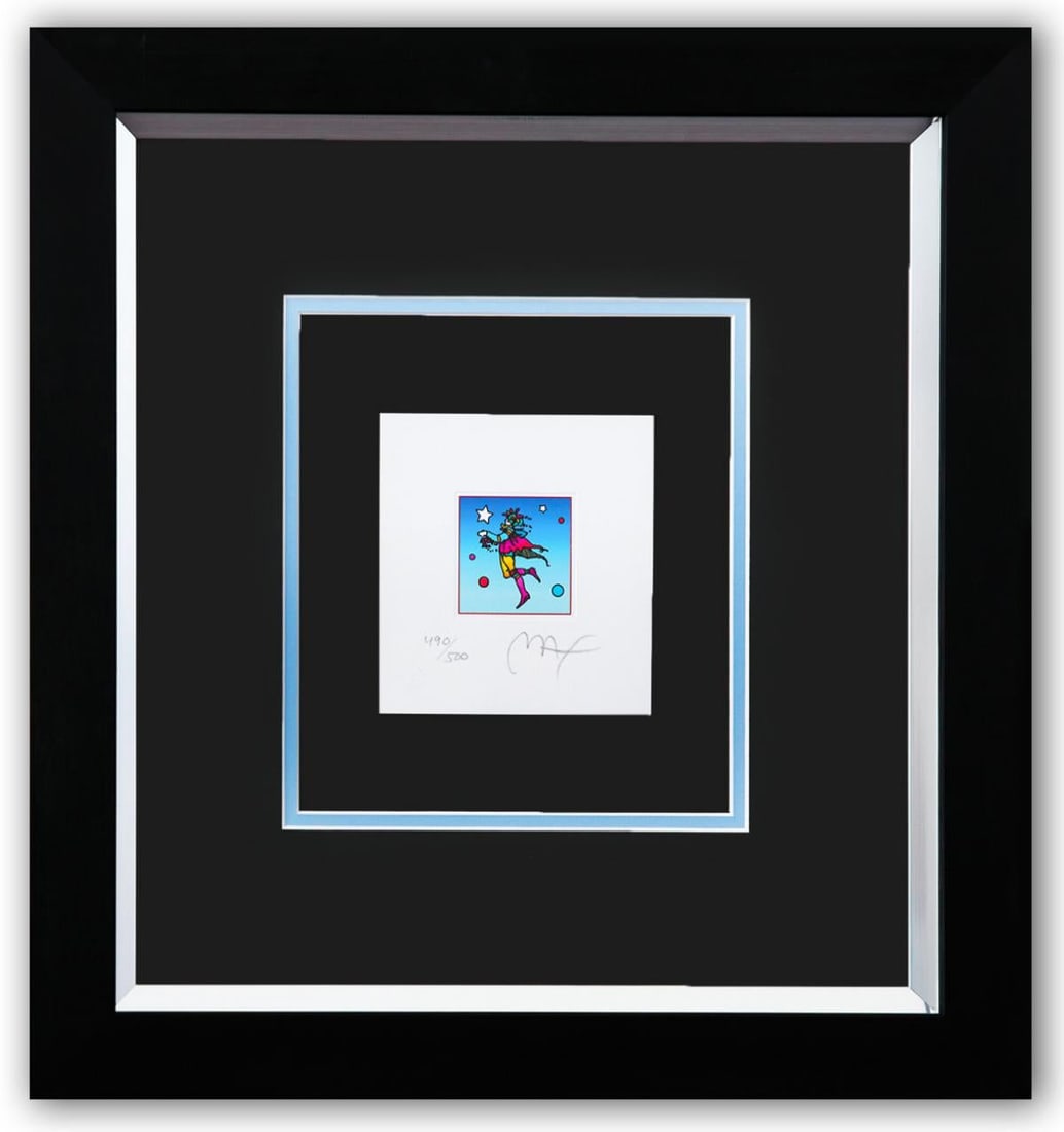 Peter Max- Original Lithograph "Cosmic Jumper": Artist: Peter Max. Medium: Original Lithograph. Title: Cosmic Jumper. Size: 5" x 4.5". Measures approx. 17" x 16" (framed). Signature: Hand Signed and Numbered by the artist. Certificate of Authentici