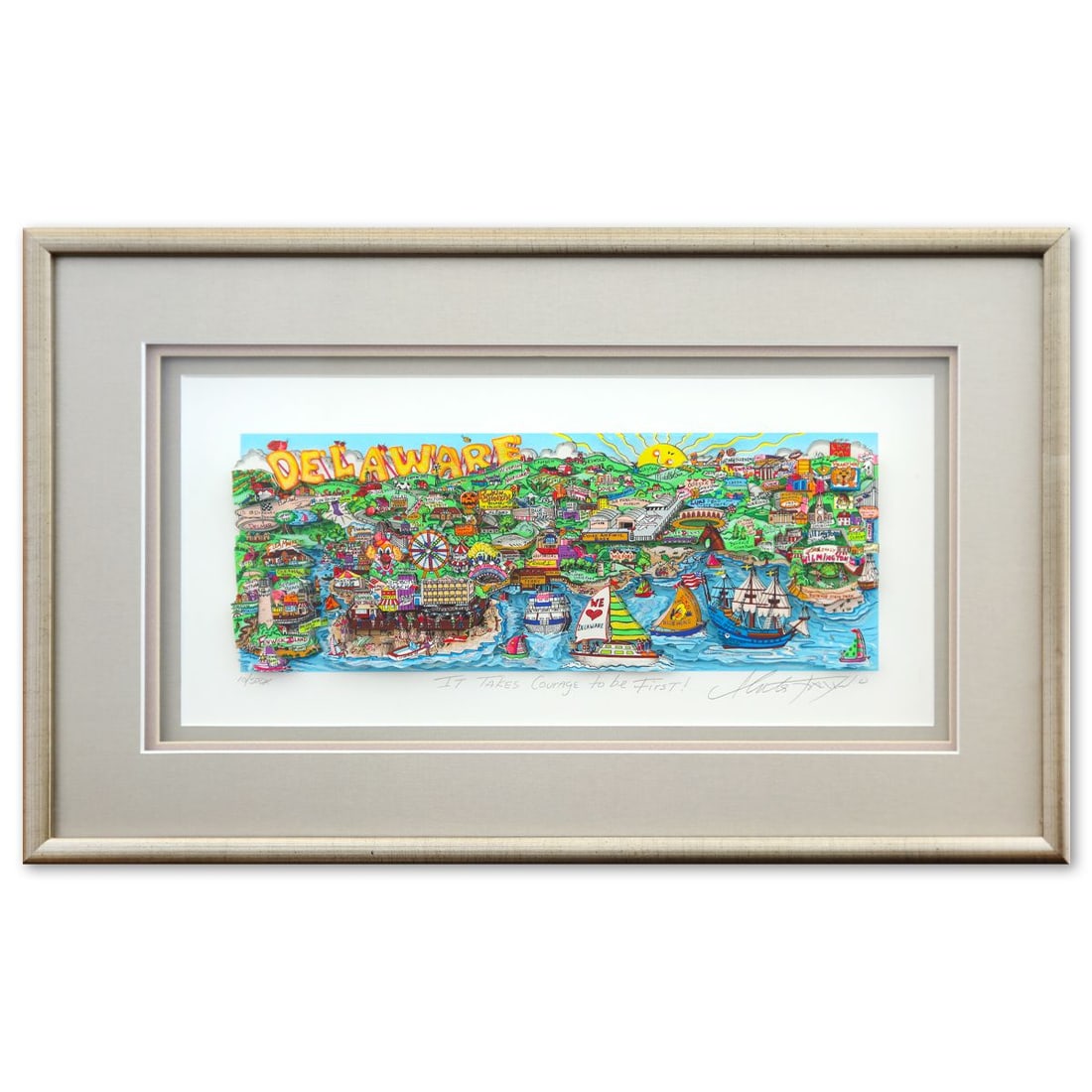 Charles Fazzino- 3D Construction Silkscreen Serigraph "It Takes Courage to be First!": Artist: Charles Fazzino. Medium: 3D Construction Silkscreen Serigraph. Title: It Takes Courage to be First!. Size: 10" x 22". Measures approx. 17" x 29" (framed). Signature: Hand Signed and numbered.