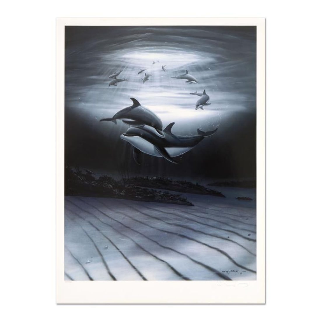 Wyland, "Dolphin Affection" Limited Edition Lithograph, Numbered and Hand Signed with Certificate of: Dolphin Affection is a limited edition lithograph on paper by Wyland, numbered and hand signed by the artist. Includes Certificate of Authenticity. Measures approx. 18.5" x 26" (border), 16" x 21.5" (