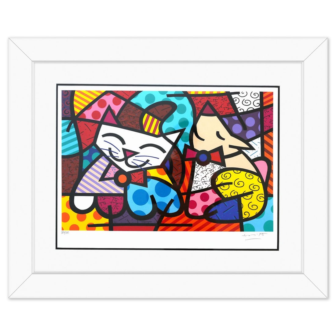 Romero Britto- Serigraph "Happy Cat & Snob Dog": Artist: Romero Britto. Medium: Serigraph. Title: Happy Cat & Snob Dog. Size: 18" x 25". Measures approx. 29" x 36" (framed). Signature: Hand signed and numbered. Certificate of Authenticity: Is includ