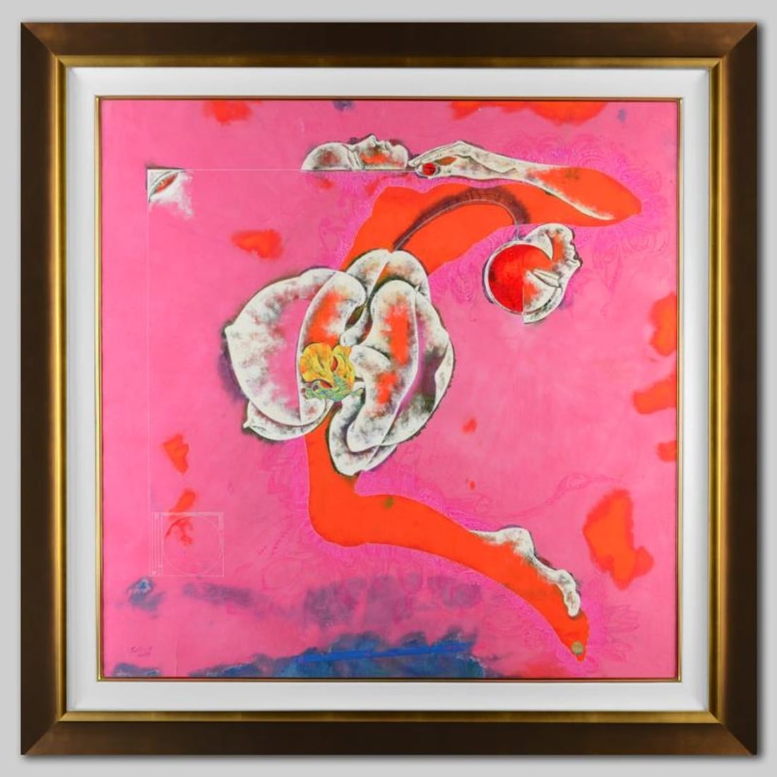 Lu Hong, "Eden in Summer II" Framed Original Multi-Media Painting on Rice Paper (50.5" x 50.5"),: Lu Hong's "Eden in Summer II" is one of two original artworks with this theme, finished in the summer of 2007. Inspired by the Ancient Chinese poet Wen Tingjun, who was known for his sumptuously style