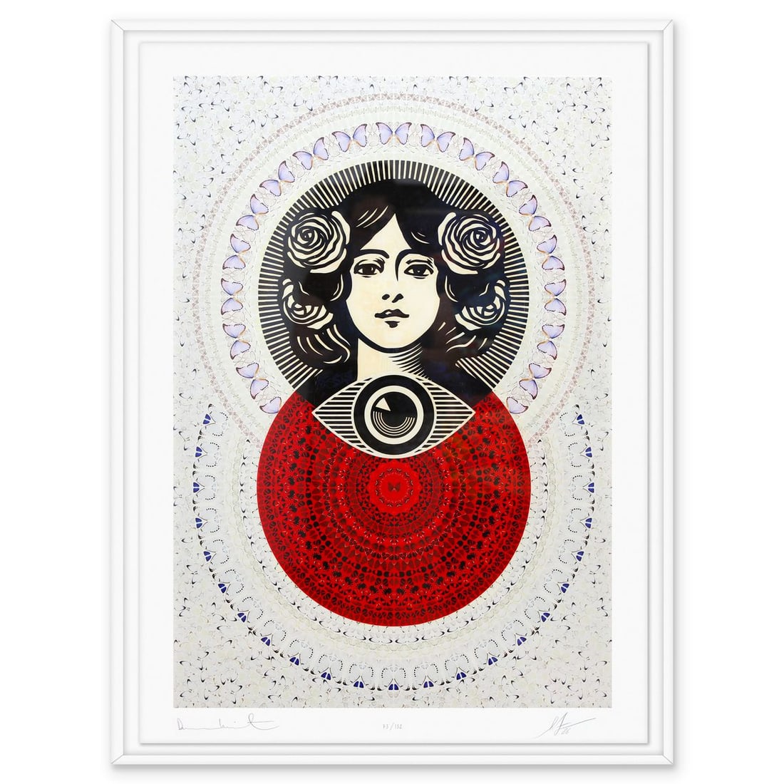Damien Hirst & Shepard Fairey- Giclee on Smooth Cotton Rag "Third Eye Butterfly Mandala": Artist: Damien Hirst & Shepard Fairey. Medium: Giclee on Smooth Cotton Rag. Title: Third Eye Butterfly Mandala. Size: 39" x 29". Measures approx. 42" x 32" (framed). Signature: Hand signed and numbere