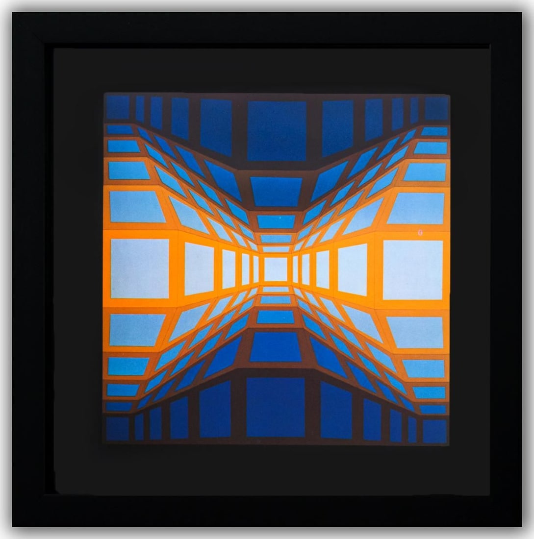Victor Vasarely- Heliogravure Print "Kek - Eg - II": Artist: Victor Vasarely. Medium: Heliogravure Print. Title: Kek - Eg - II. Size: 10" x 10". Measures approx. 12" x 12" (framed). Additional: Custom Framed , 1975. Reference#: 21388.