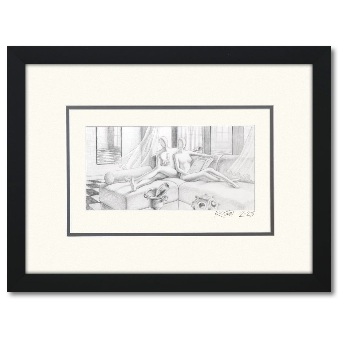 Mark Kostabi- Original Drawing on Paper "We Always Know": Artist: Mark Kostabi. Medium: Original Drawing on Paper. Title: We Always Know. Size: 5.5" x 11". Measures approx. 16" x 21" (framed). Signature: Hand signed by the artist. Certificate of Authenticity