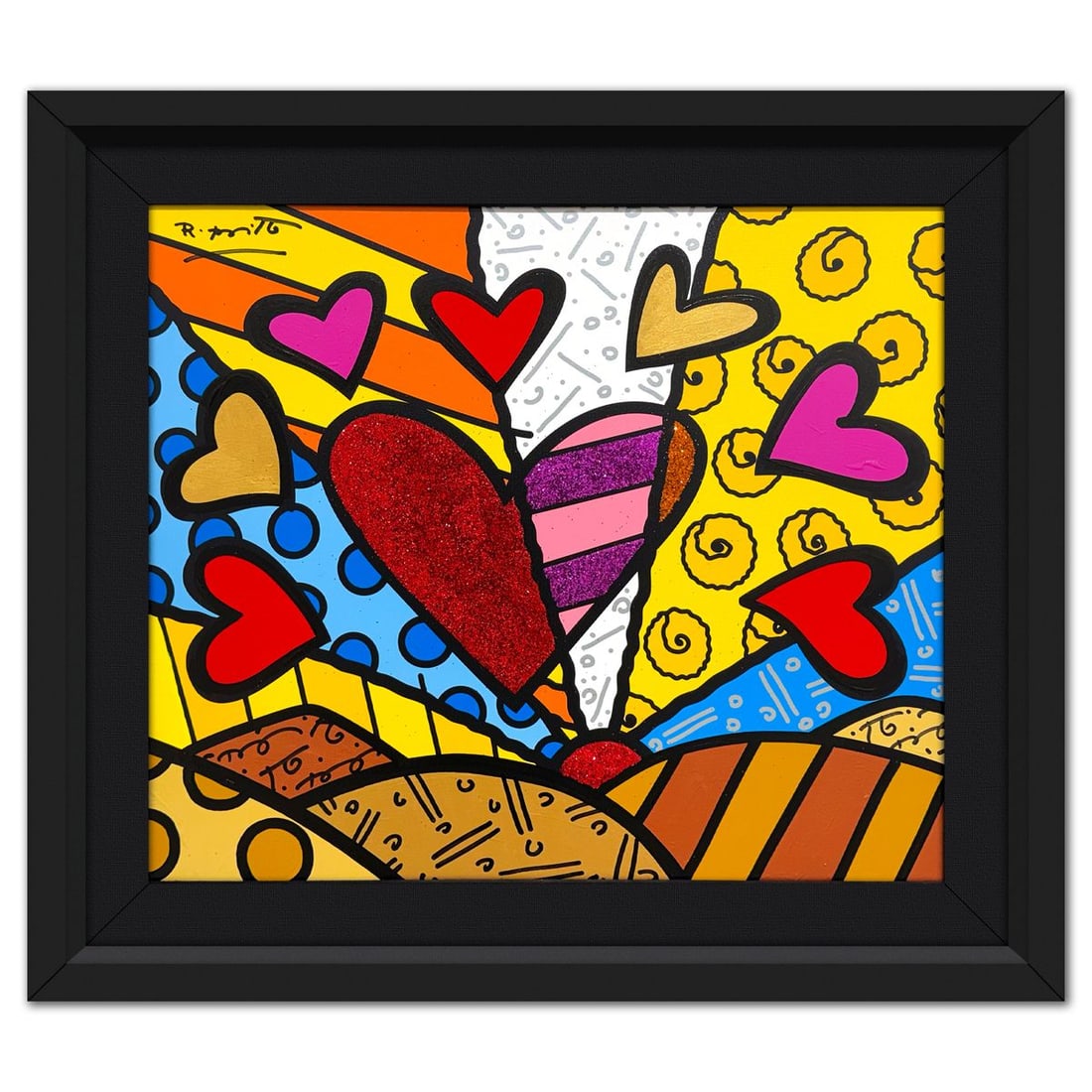 Romero Britto- Original Mixed Media on Canvas "Novo Dia": Artist: Romero Britto. Medium: Original Mixed Media on Canvas. Title: Novo Dia. Size: 30" x 24". Measures approx. 38" x 32" (framed). Signature: Hand signed. Certificate of Authenticity: Is included.