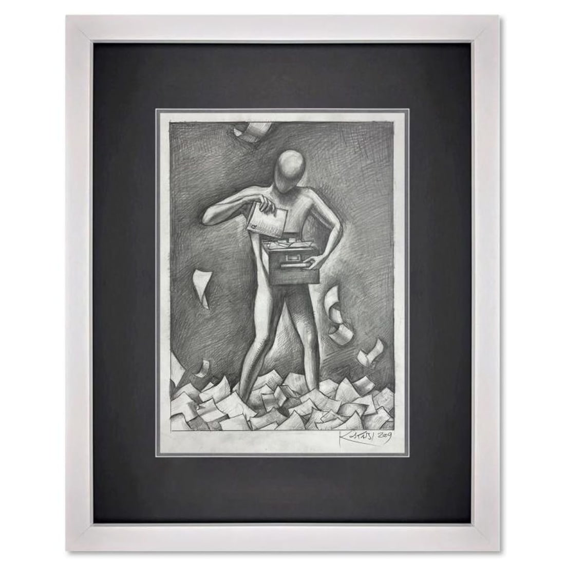 Mark Kostabi, "File Me Under Q" Framed Original Drawing on Paper, Hand Signed with Certificate of: File Me Under Q is an original drawing on paper by Mark Kostabi, hand signed by the artist. This piece comes custom framed. Includes Certificate of Authenticity. Measures approx. 19.5" x 15.5" (frame)