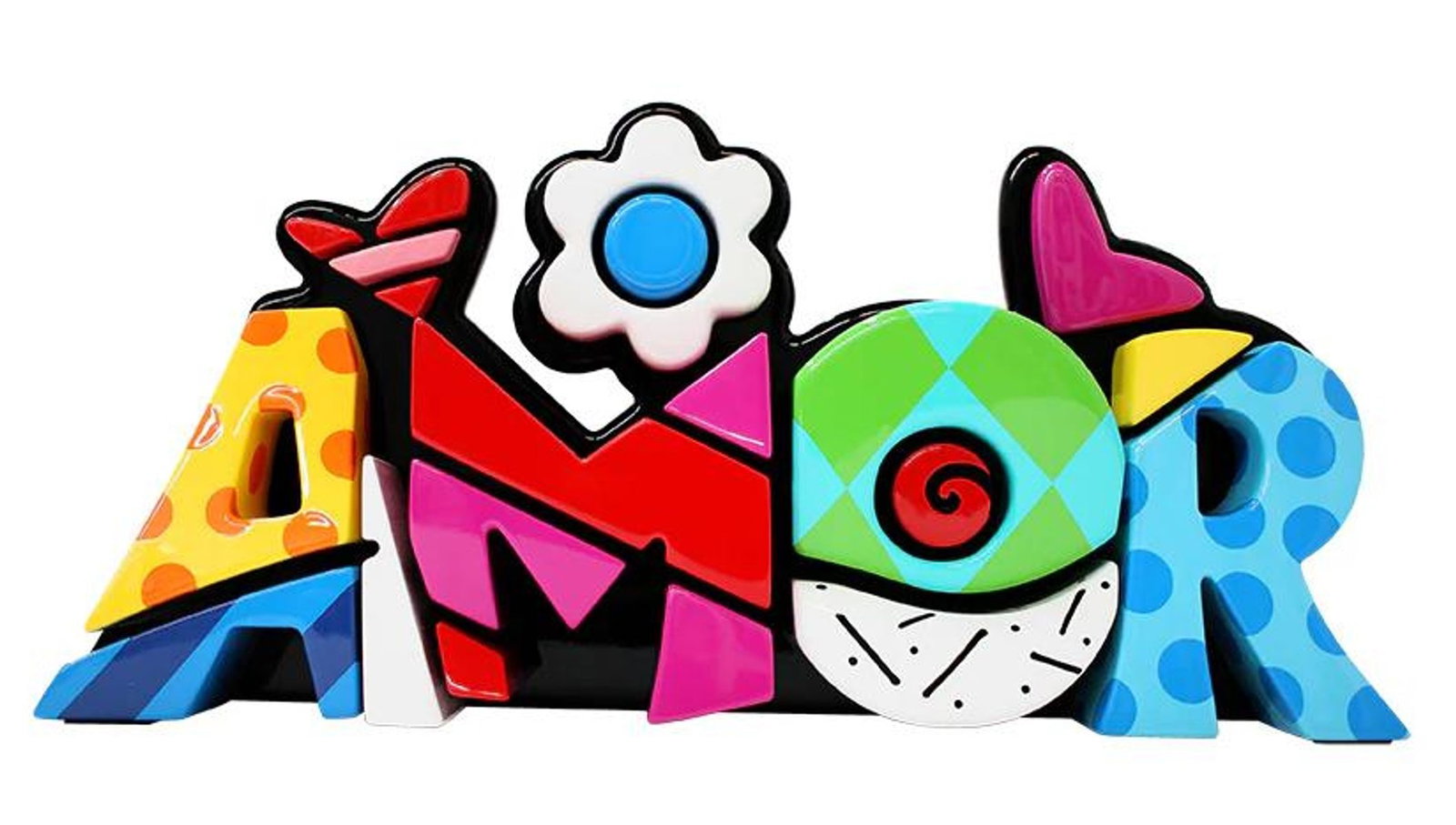 Romero Britto- Mixed Media Sculpture "Amor": Artist: Romero Britto. Medium: Mixed Media Sculpture. Title: Amor. Size: 9.5" x 20.5". Signature: Hand Signed. Certificate of Authenticity: Is included. Additional: Edition of 100.