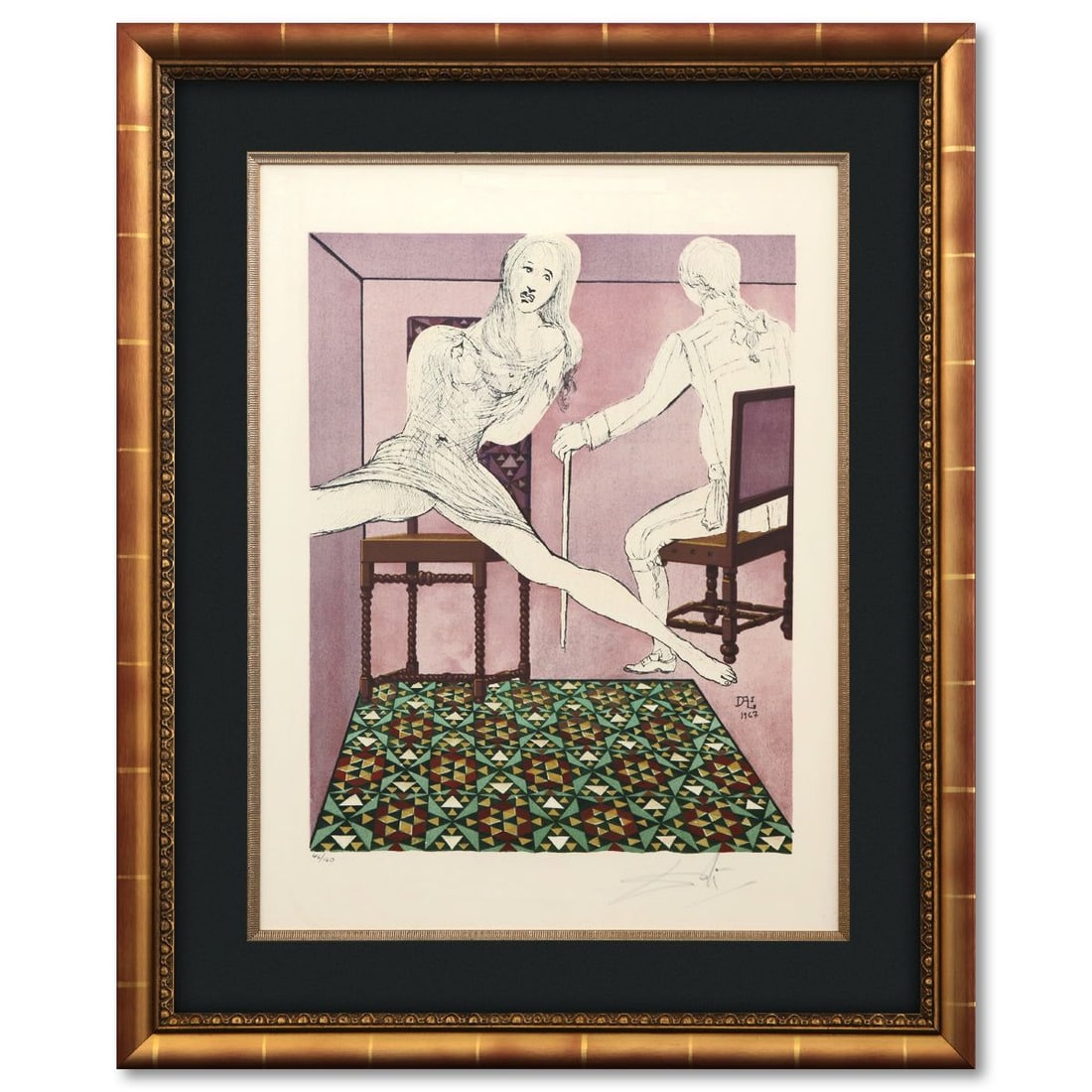 Salvador Dali- Original Lithograph "Marianne and the Chevalier": Artist: Salvador Dali. Medium: Original Lithograph. Title: Marianne and the Chevalier. Size: 25" x 19". Measures approx. 24" x 28" (framed). Signature: Hand signed and numbered. Certificate of Authent