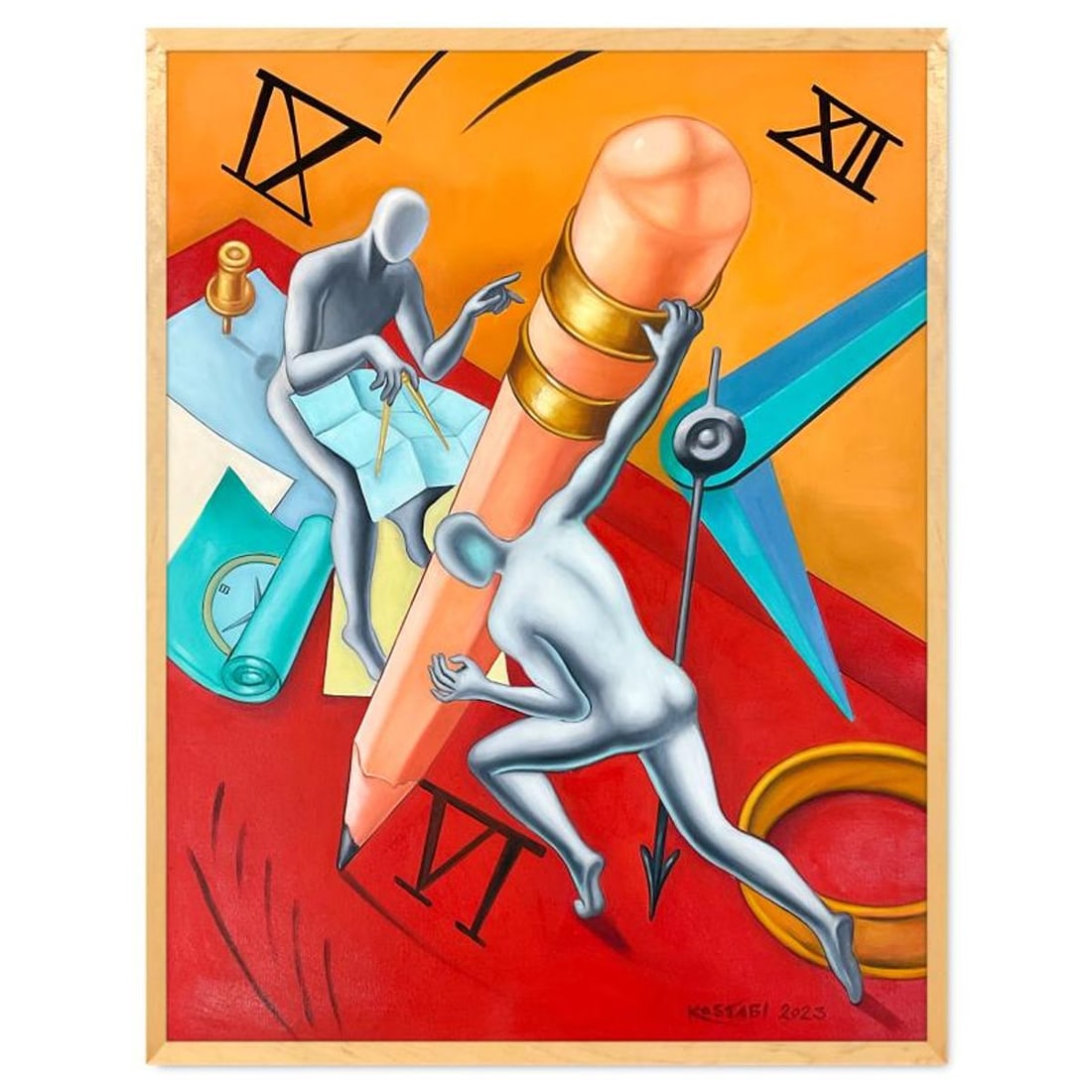 Mark Kostabi, "Planning The Revolution" Framed Original Painting on Canvas (38" x 50"), Hand Signed: Planning The Revolution is an original painting on canvas by Mark Kostabi, hand signed by the artist. This piece comes custom framed. Includes Certificate of Authenticity. Measures approx. 38" x 50" (