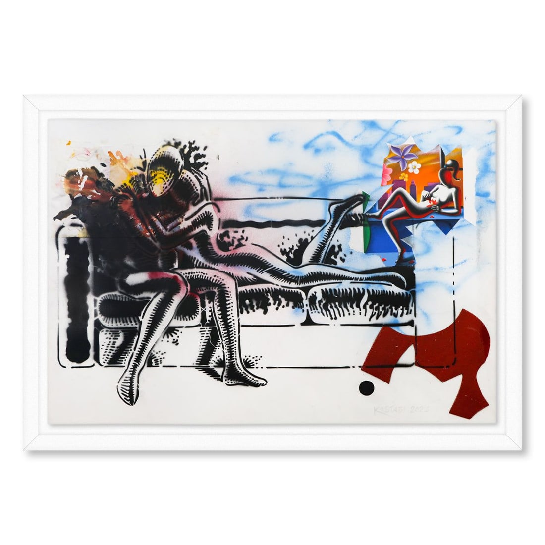 Mark Kostabi- Original Mixed Media on Paper "Dreams and Desires": Artist: Mark Kostabi. Medium: Original Mixed Media on Paper. Title: Dreams and Desires. Size: 30" x 44". Measures approx. 35" x 49" (framed). Signature: Hand Signed by the artist. Certificate of Authe