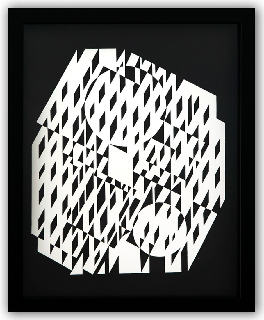 Victor Vasarely- Heliogravure Print "Untitled": Artist: Victor Vasarely. Medium: Heliogravure Print. Title: Untitled. Size: 13" x 10". Measures approx. 15" x 12" (framed). Additional: Custom Framed. Reference#: 21540.