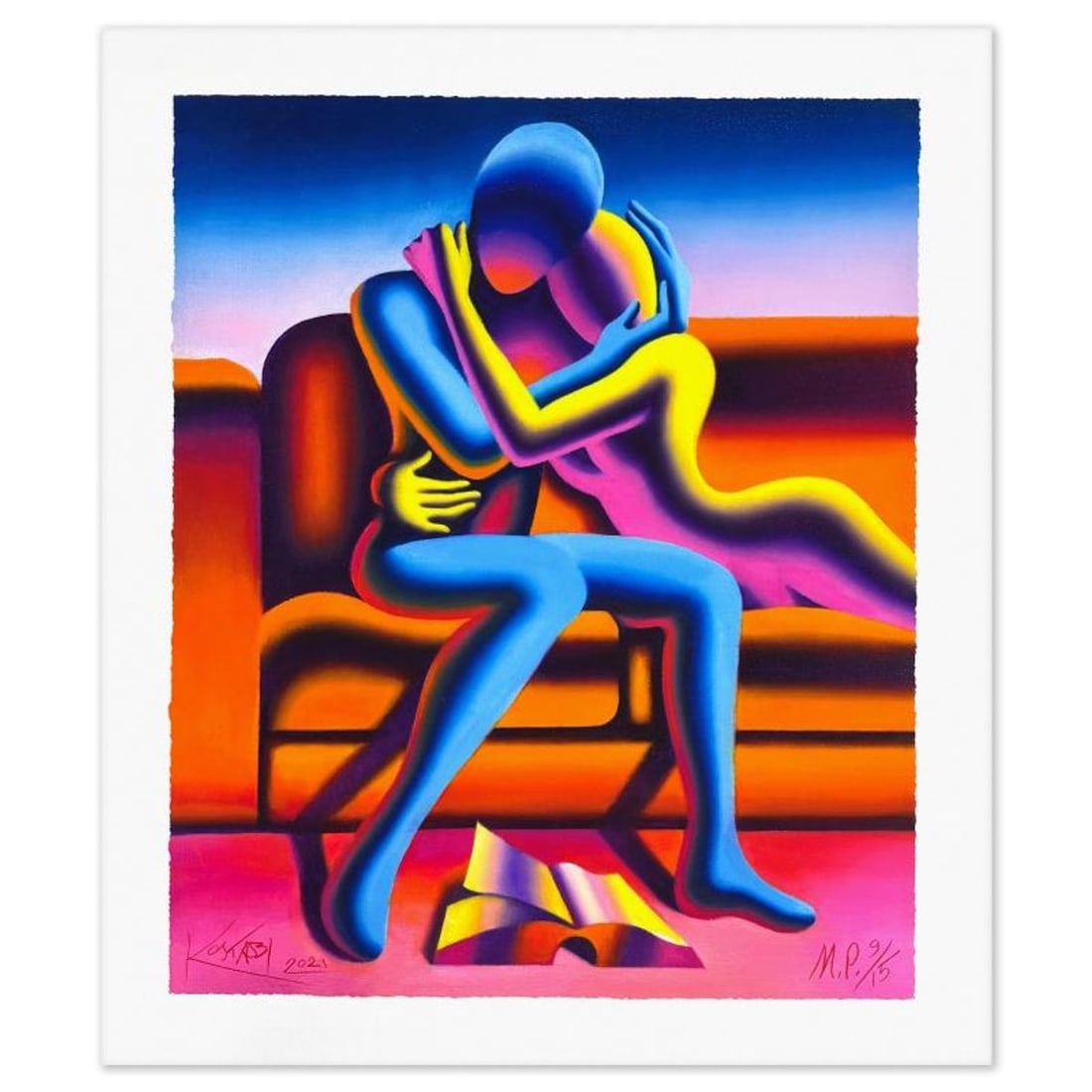 Mark Kostabi, "Embracing Our Story" Limited Edition, MP Numbered 9/15 and Hand Signed with Letter of: Embracing Our Story is a limited edition giclee on paper by Mark Kostabi, MP numbered 9/15 and hand signed by the artist. This piece comes matted. Includes Letter of Authenticity. Measures approx. 28"