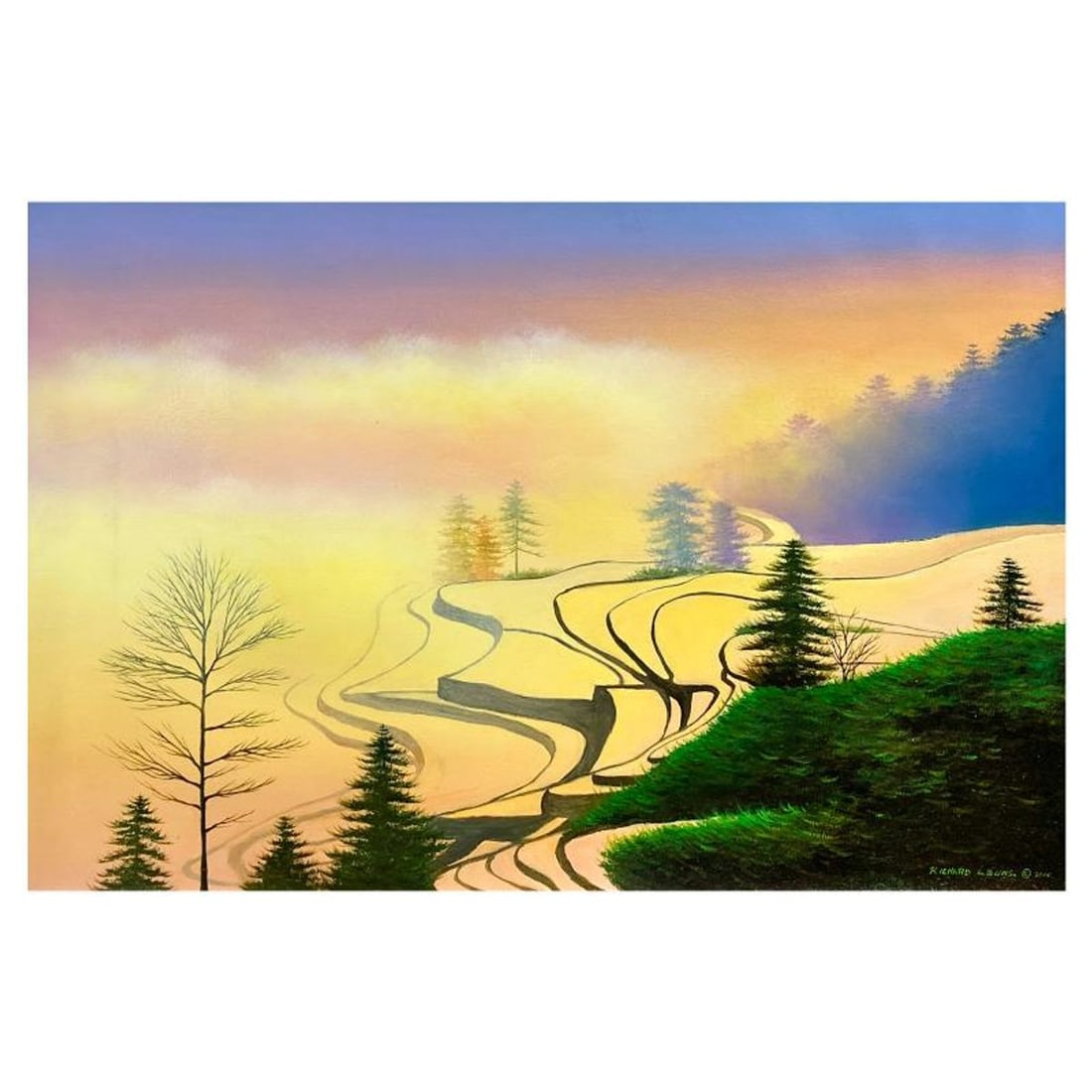 Richard Leung, "Golden Rice Terraces" Original Oil Painting on Canvas, Hand Signed with a Letter of: Golden Rice Terracesis an original oil painting on canvas by Richard Leung, hand signed by the artist. Includes Letter of Authenticity. Measures approx. 20" x 30" (image).