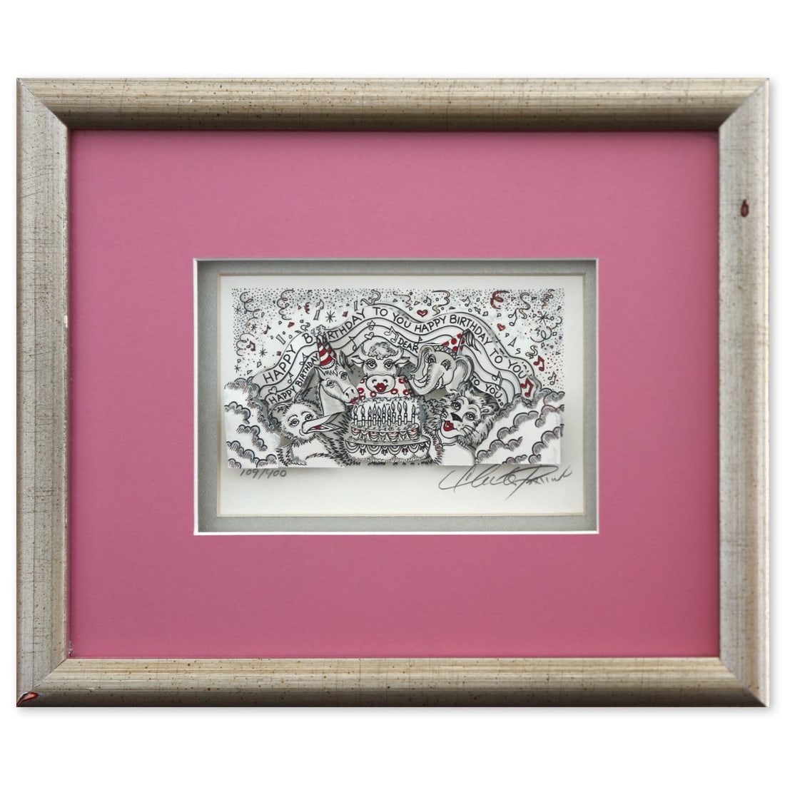 Charles Fazzino- 3D Construction Silkscreen Serigraph "Happy birthday": Artist: Charles Fazzino. Medium: 3D Construction Silkscreen Serigraph. Title: Happy birthday. Size: 4" x 6". Measures approx. 9" x 11" (framed). Signature: Hand Signed and numbered. Certificate of Aut