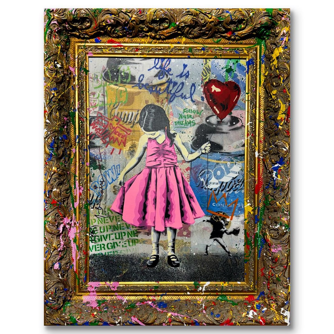 Mr. Brainwash- Silkscreen and Mixed Media on Canvas Panel with Splashed Frame "Beautiful Girl, 2026": Artist: Mr. Brainwash. Medium: Silkscreen and Mixed Media on Canvas Panel with Splashed Frame. Title: Beautiful Girl, 2026. Size: 25" x 19.5". Signature: Hand signed. Certificate of Authenticity: Is i