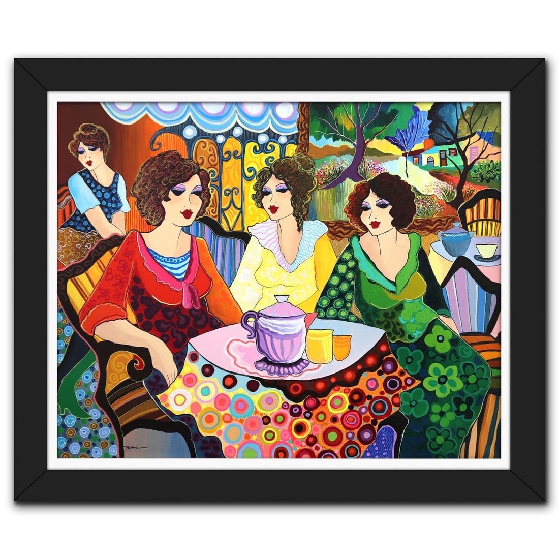 Patricia Govezensky- Original Acrylic on Canvas "Afternoon Tea": Artist: Patricia Govezensky. Medium: Original Acrylic on Canvas. Title: Afternoon Tea. Size: 24" x 30". Measures approx. 29.5" x 35" (framed). Signature: Hand signed. Certificate of Authenticity: Is i