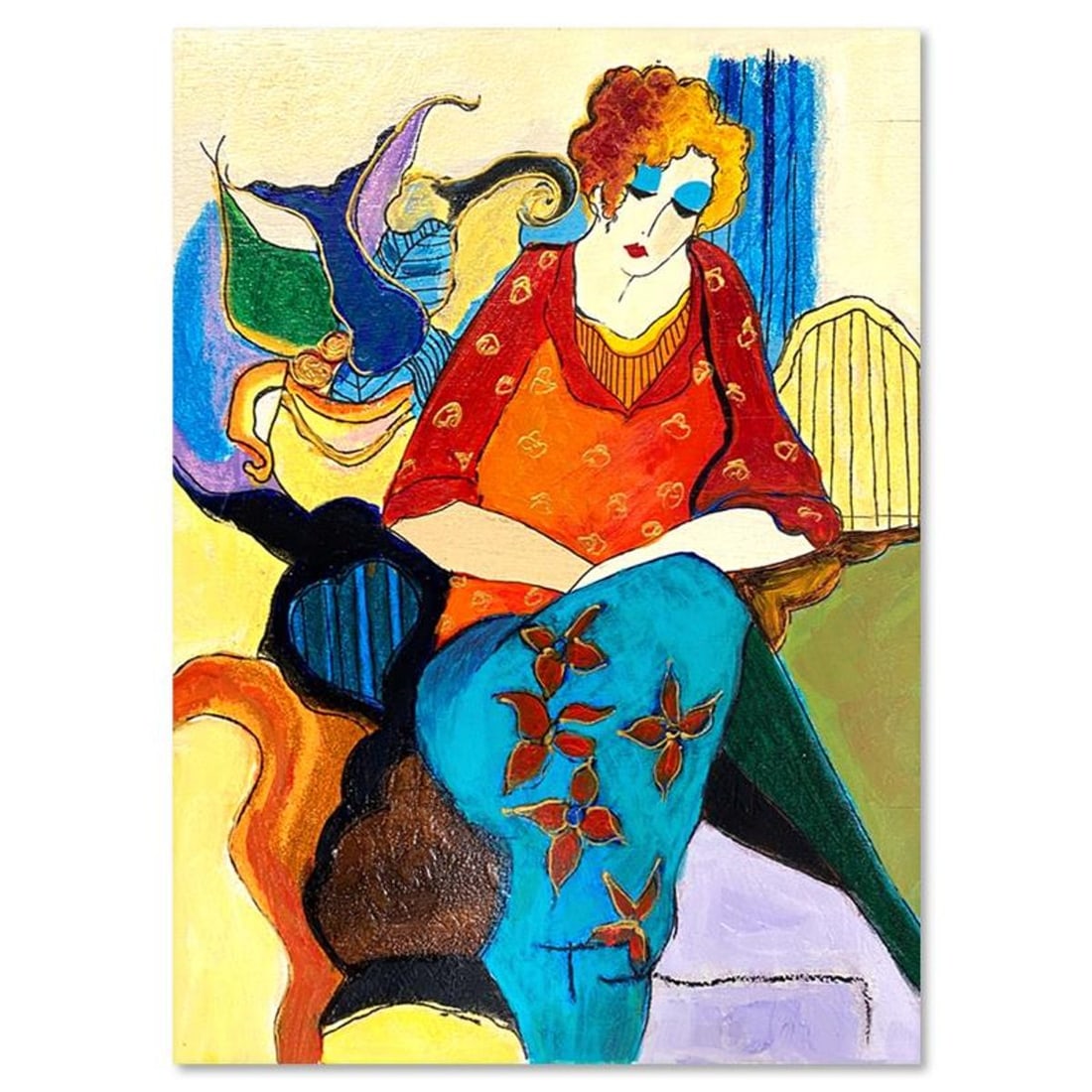 Itzchak Tarkay (1935-2012), "Waiting" One-of-a-Kind Mixed Media Over Paint on Wood, Hand Signed with: Waiting is a one-of-a-kind mixed media over paint on wood by Itzchak Tarkay (1935-2012), hand signed by the artist. Includes Letter of Authenticity. Measures approx. 11.5" x 8" (image).