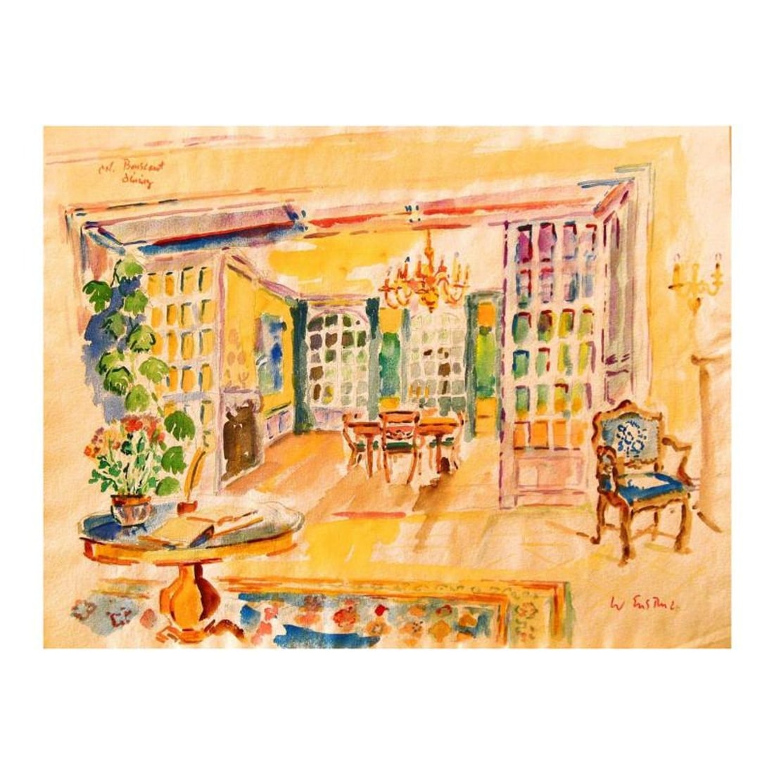 Wayne Ensrud, "The Dining Salon of Chateau Bouscaut" Watercolor Original Artwork; Hand Signed; COA: The Dining Salon of Chateau Bouscaut is an original Watercolor on Paper by Wayne Ensrud. The piece is hand signed by the artist and comes with a Certificate of Authenticity. Measures approximately 16"