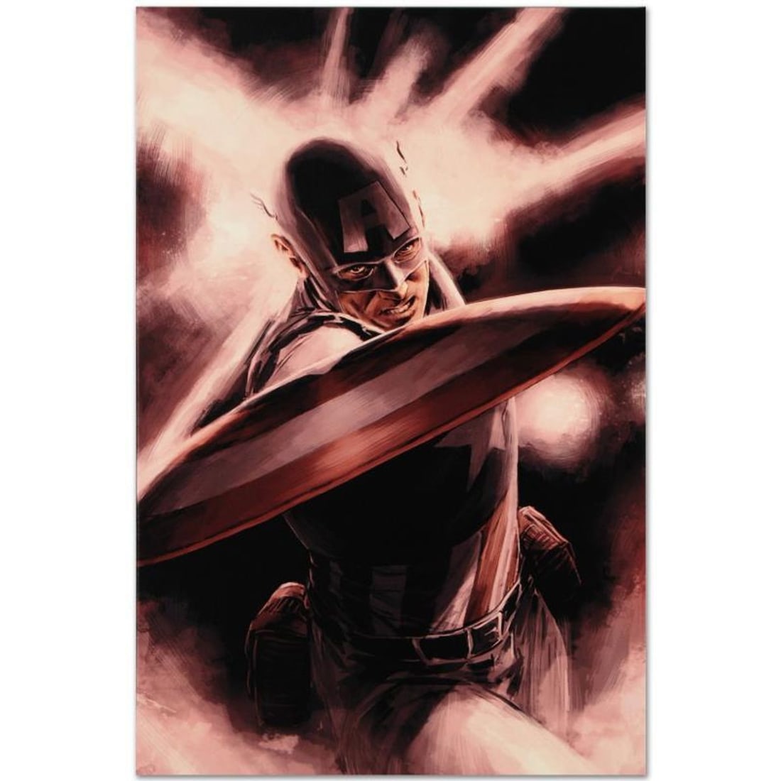Marvel Comics "Captain America Theater of War: A Brother in Arms #1" Numbered Limited Edition Giclee: A piece of comic book history, this limited edition, from original art by Mitchell Breitweiser, depicts an iconic image of Captain America. Since 2005, Mitchell Breitweiser has been penciling, inking,