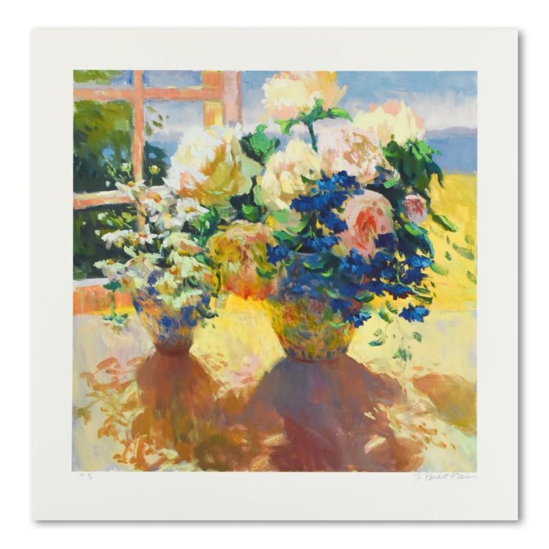 S. Burkett Kaiser, "Peonies & Bachelor Buttons" Limited Edition, HC Numbered 3/3 and Hand Signed: Peonies & Bachelor Buttons is a limited edition giclee on paper by S. Burkett Kaiser, HC numbered 3/3 and hand signed by the artist. Includes Letter of Authenticity. Measures approx. 29" x 29" (border