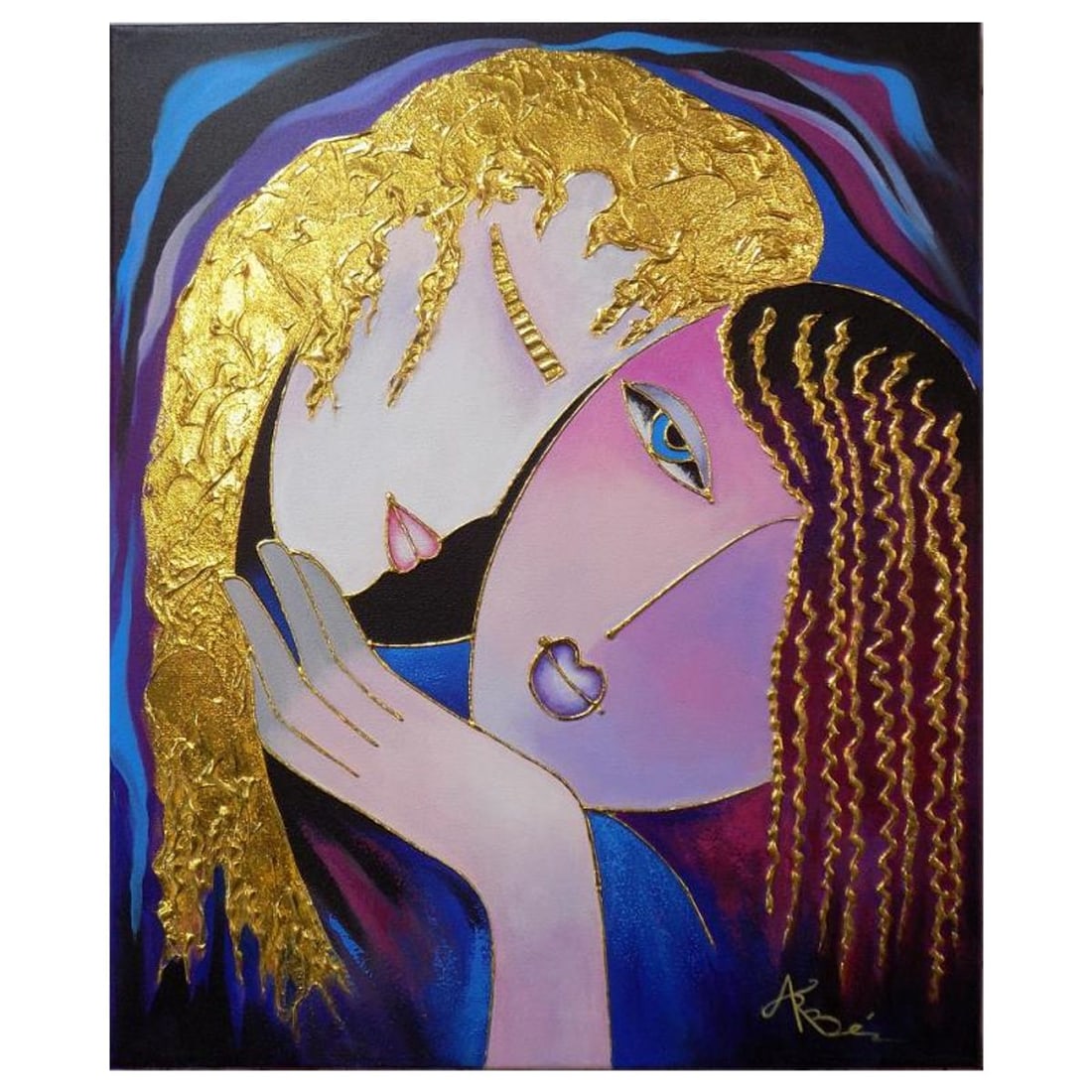 Arbe, "Little Sister" Hand Signed Original Painting on Canvas with Letter of Authenticity.: Little Sister is an original acrylic mixed media painting with gold leafing on canvas by Arbe. The piece is hand signed and comes with a letter of authenticity. Measures approximately 24" x 20".