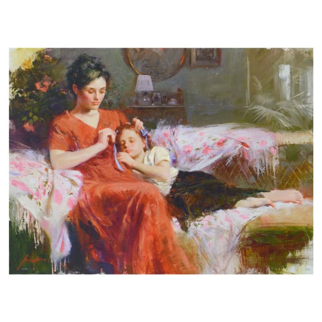 Pino (1939-2010), "Sweet Love" Limited Edition Hand Embellished Giclee on Canvas. Numbered and Hand: Pino's portraits allow glimpses into intensely personal, intimate spaces, conveying emotion through rich, warm color and sensual brushwork. "Sweet Love" is a hand embellished limited edition giclee on