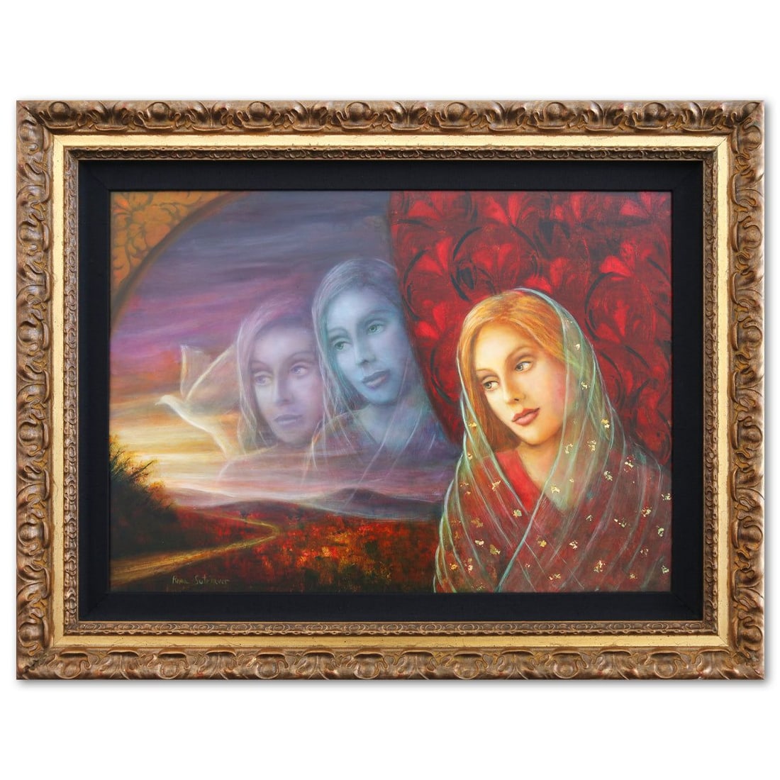 Rina Sutzkever- Original Oil on Masonite "Longing ll": Artist: Rina Sutzkever. Medium: Original Oil on Masonite. Title: Longing ll. Size: 19" x 27". Measures approx. 28" x 36" (framed). Signature: Hand Signed. Reference#: 74483.