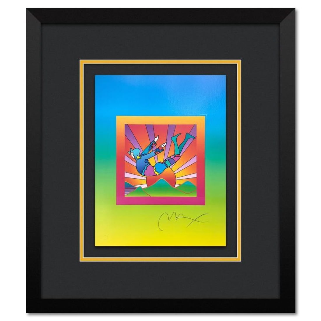 Peter Max, "Cosmic Flyer With Sun on Blends Ver II" Framed Limited Edition Lithograph, Numbered and: Cosmic Flyer With Sun on Blends Ver II is a limited edition lithograph on paper by Peter Max, numbered and hand signed by the artist. This piece comes framed. Includes Certificate of Authenticity from