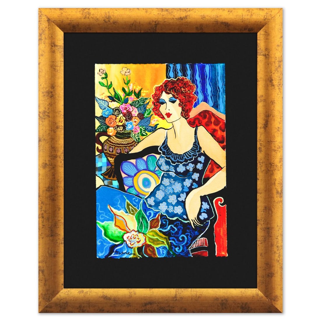 Patricia Govezensky- Original Watercolor "Afternoon with Flowers": Artist: Patricia Govezensky. Medium: Original Watercolor. Title: Afternoon with Flowers. Size: 11" x 7". Measures approx. 18" x 14" (framed). Signature: Hand signed. Certificate of Authenticity: Is in