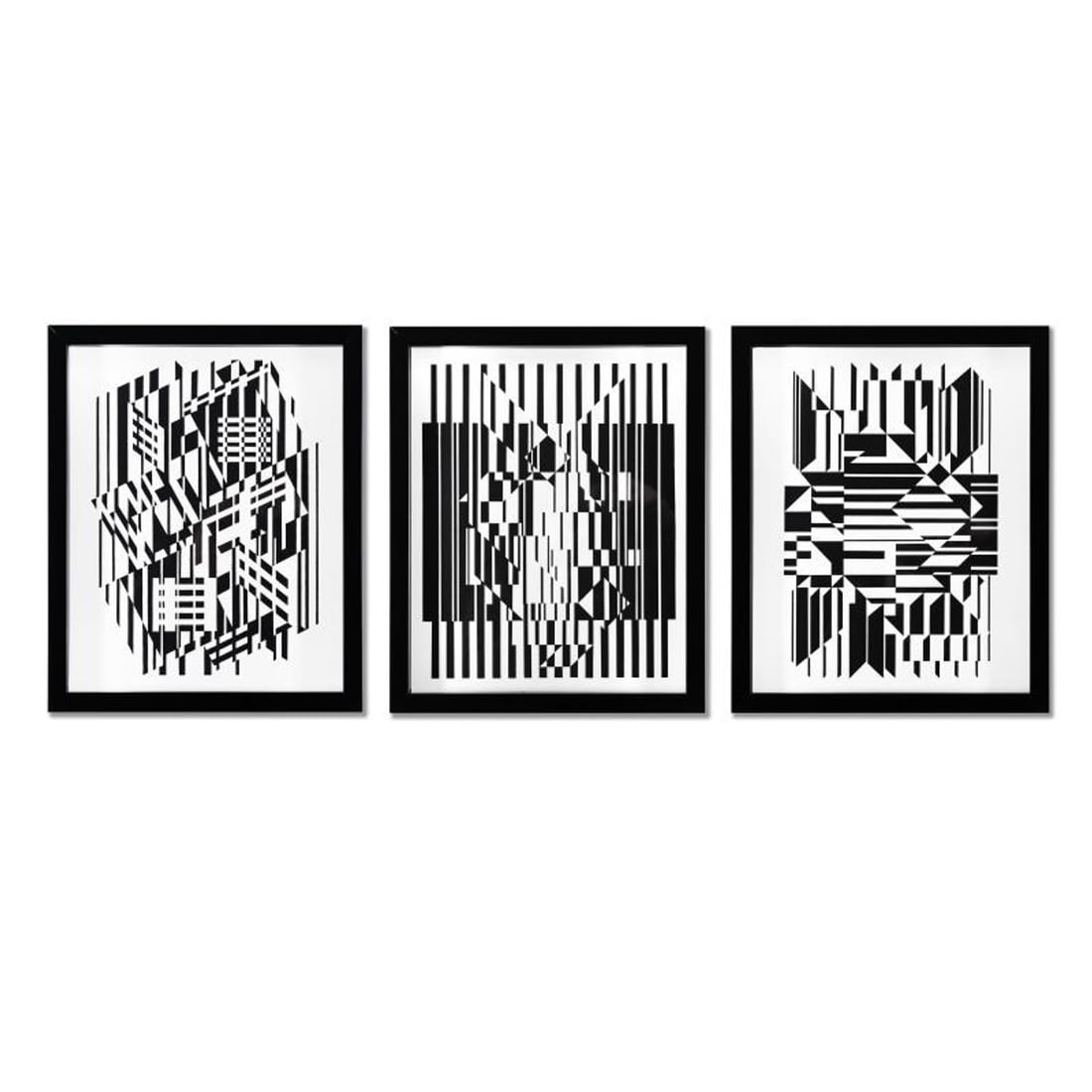Victor Vasarely (1908-1997), "Tilla, Calcis, et Afa de la serie Lineaires (Triptych)" Framed 1973: Tilla, Calcis, et Afa de la serie Lineaires (Triptych) is a set of heliogravure prints on paper, published in 1973, by Victor Vasarely (1908-1997). These pieces come custom framed, with a letter of au
