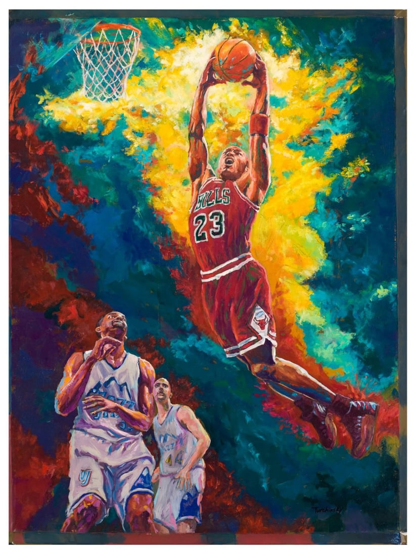 Turchinsky Dimitry- Mixed Media "Michael Jordan Dunks": Artist: Turchinsky Dimitry. Medium: Mixed Media. Title: Michael Jordan Dunks. Size: 30" x 24". Signature: Hand Signed by the Artist. Certificate of Authenticity: From the publisher. Reference#: 20988.