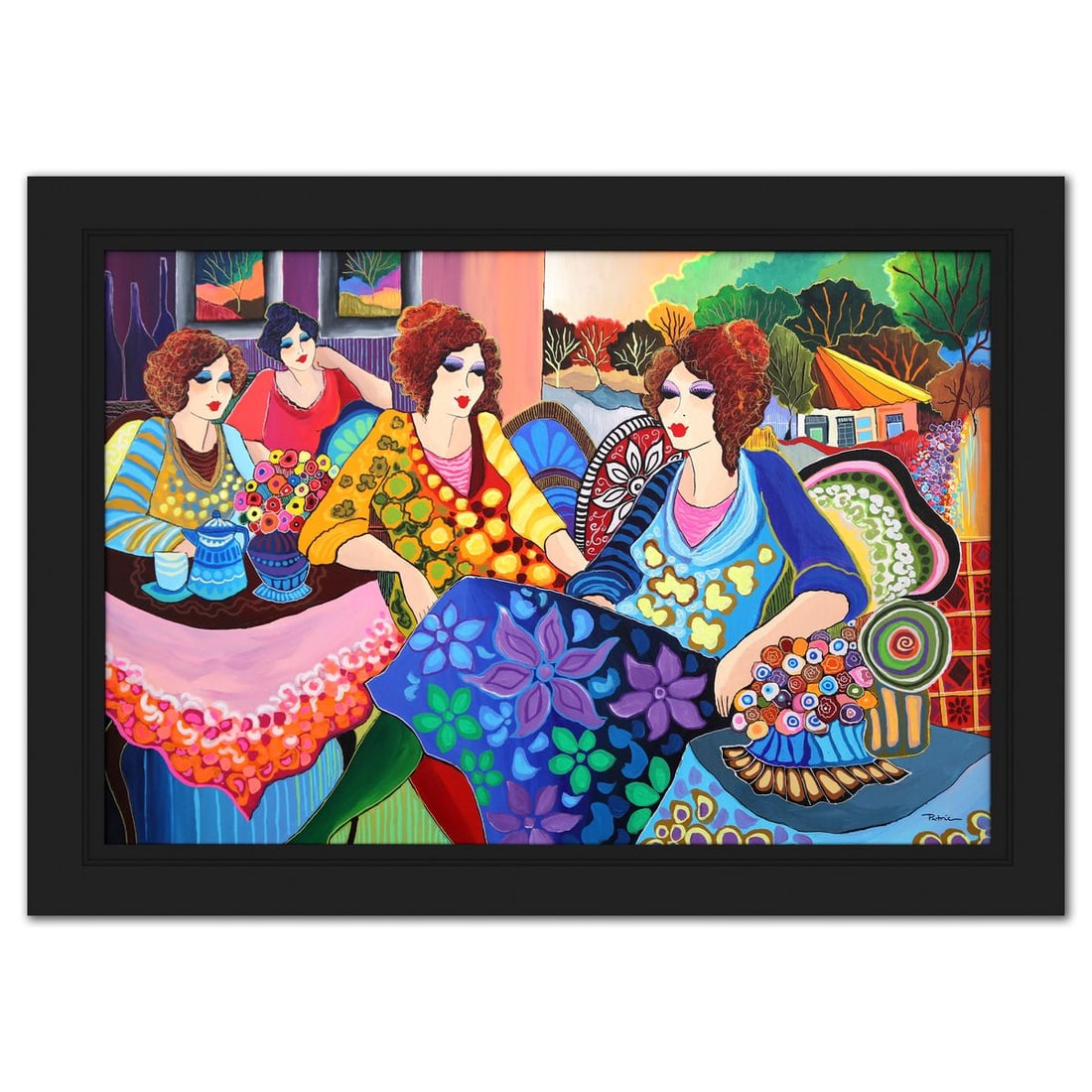 Patricia Govezensky- Original Acrylic on Canvas "Afternoon Gathering in the Countryside": Artist: Patricia Govezensky. Medium: Original Acrylic on Canvas. Title: Afternoon Gathering in the Countryside. Size: 24" x 36". Measures approx. 29" x 41" (framed). Signature: Hand signed. Certificat