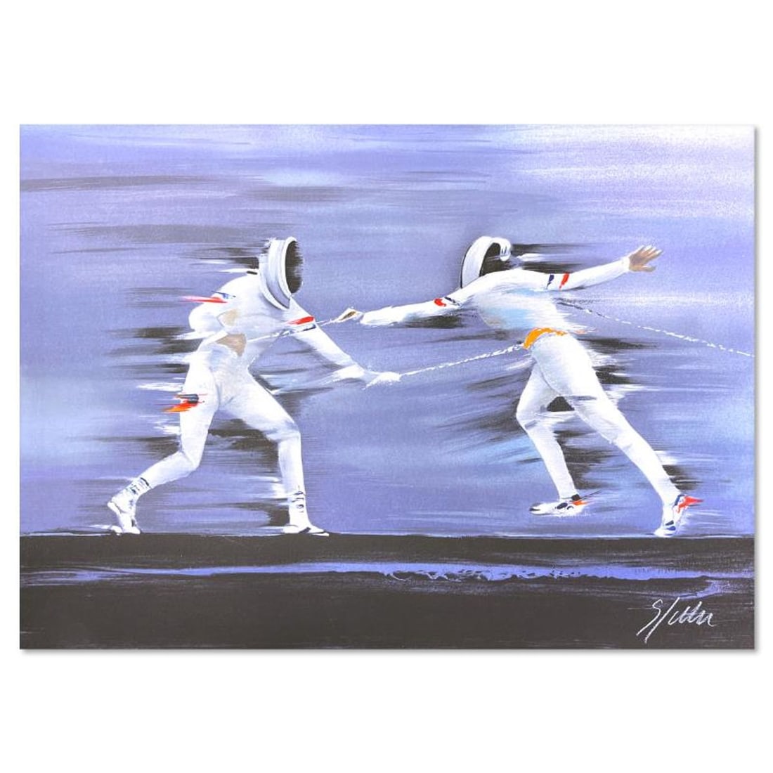 Victor Spahn, "Fencing" hand signed limited edition lithograph with Certificate of Authenticity.: Fencing is a limited edition lithograph on paper by Victor Spahn. Printed at Art-Lithographies workshop in Paris, the piece is hand signed by the artist and comes with a certificate of authenticity. M