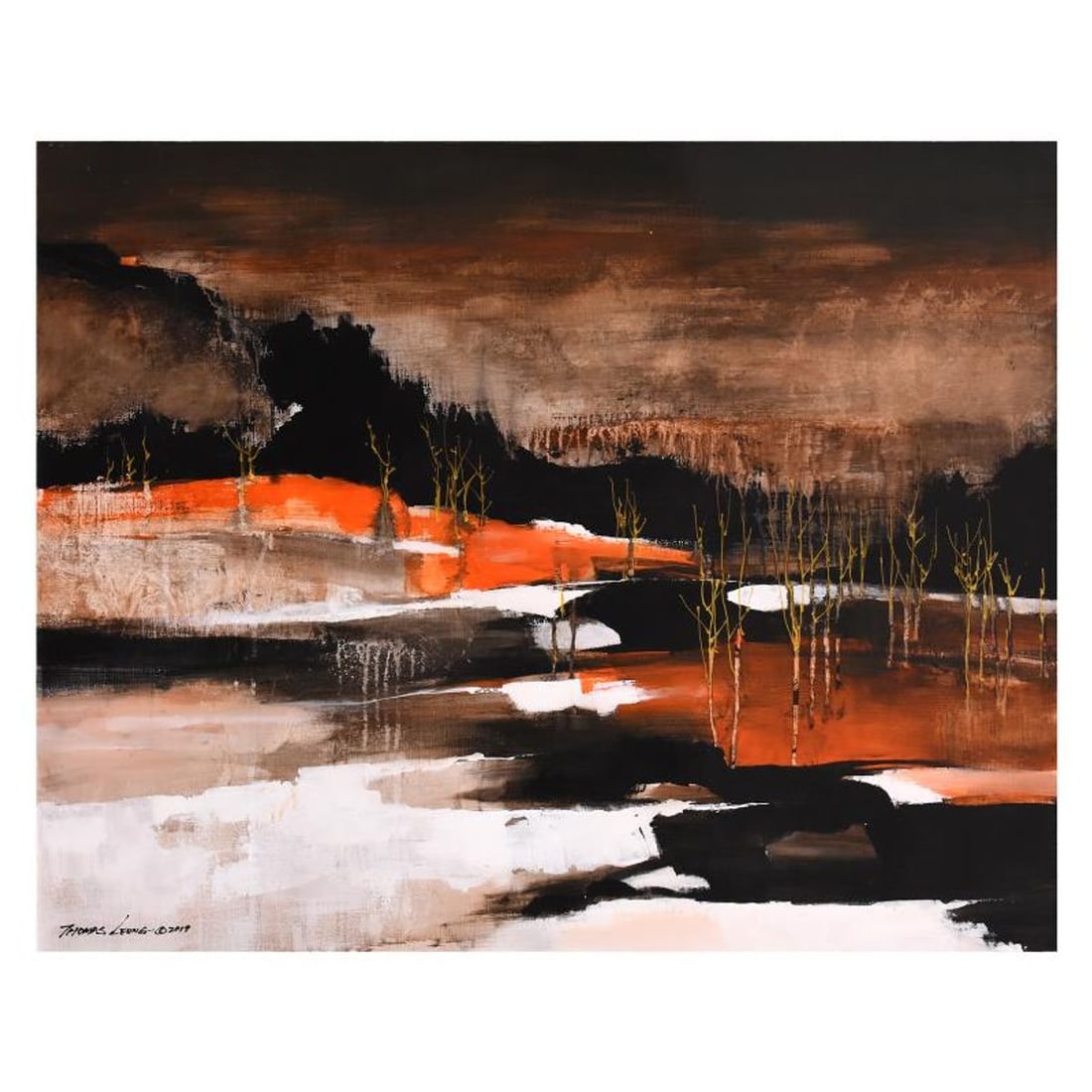 Thomas Leung, "Grisaille Tree Valley" Original Acrylic Painting on Canvas, Hand Signed with Letter: Grisaille Tree Valley is an original acrylic painting on canvas by Thomas Leung, hand signed by the artist. Includes Letter of Authenticity. Measures approx. 35" x 27" (image).