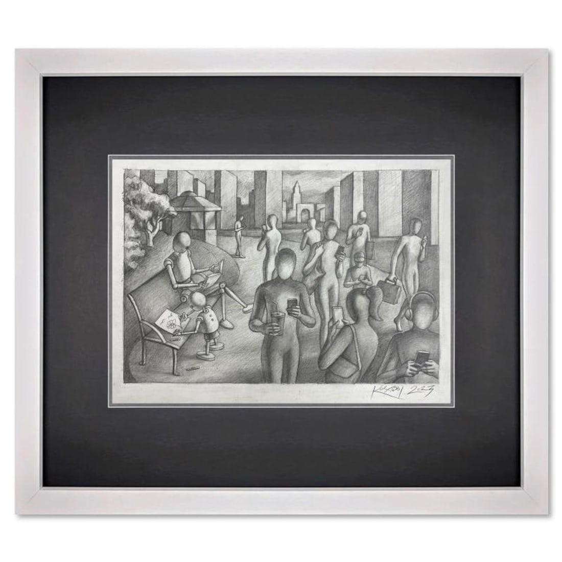 Mark Kostabi, "The Future is Now" Framed Original Drawing on Paper, Hand Signed with Certificate of: The Future is Now is an original drawing on paper by Mark Kostabi, hand signed by the artist. This piece comes custom framed. Includes Certificate of Authenticity. Measures approx. 17.5" x 21.5" (fram