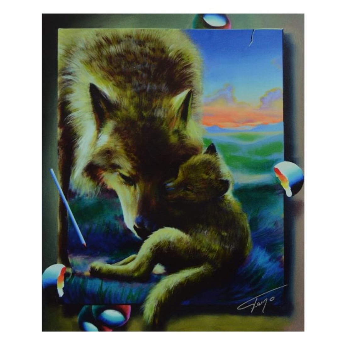 Ferjo, "Cuddle Up with Mom" Limited Edition on Canvas, Numbered and Signed with Letter of: Cuddle Up with Mom is a limited edition giclee on canvas, bearing Ferjo's authorized signature. Includes Letter of Authenticity. Measures approx. 10" x 12" (image). This item requires special handling