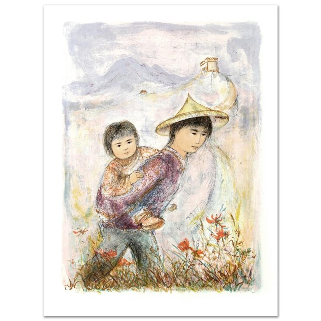 The Great Wall Limited Edition Lithograph by Edna Hibel (1917-2014), Numbered and Hand Signed with: The Great Wall is a limited edition lithograph on paper, numbered and hand signed by Edna Hibel (1917-2014). Includes Certificate of Authenticity! Measures approx. 22.5" x 30" (with border), 19" x 26"