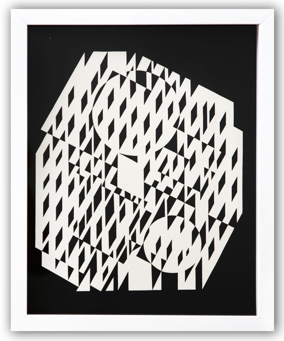 Victor Vasarely- Heliogravure Print "Untitled": Artist: Victor Vasarely. Medium: Heliogravure Print. Title: Untitled. Size: 14" x 11". Measures approx. 15" x 12" (framed). Additional: Custom Framed. Reference#: 21577.