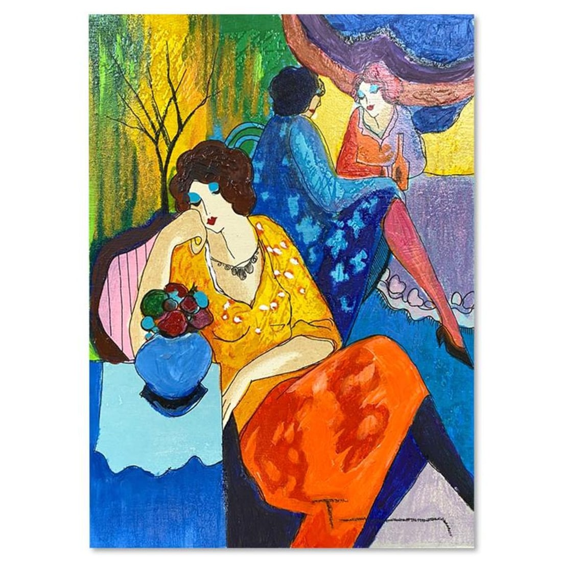 Itzchak Tarkay (1935-2012), "Quiet Afternoon" One-of-a-Kind Mixed Media Over Paint on Wood, Hand: Quiet Afternoon is a one-of-a-kind mixed media over paint on wood by Itzchak Tarkay (1935-2012), hand signed by the artist. Includes Letter of Authenticity. Measures approx. 11.5" x 8" (image).