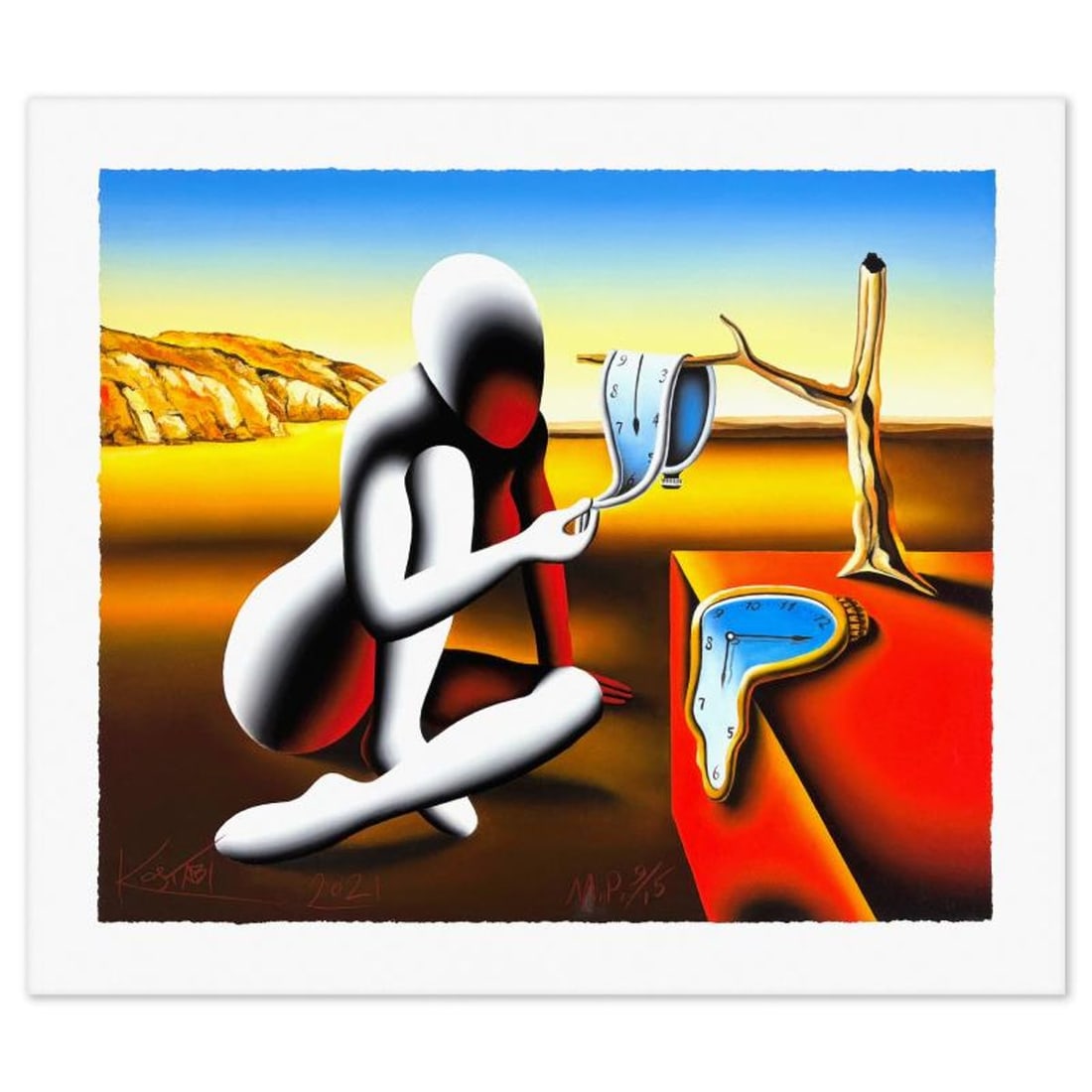 Mark Kostabi, "Time Will Tell" Limited Edition, MP Numbered 9/15 and Hand Signed with Letter of: Time Will Tell is a limited edition giclee on paper by Mark Kostabi, MP numbered 9/15 and hand signed by the artist. This piece comes matted. Includes Letter of Authenticity. Measures approx. 23" x 26