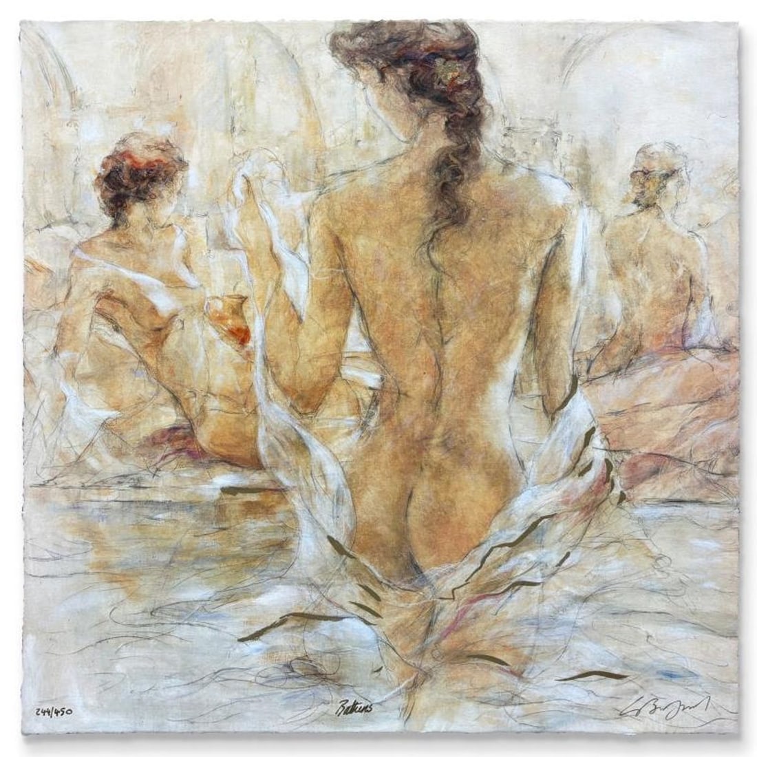 Gary Benfield, "Bathers" Limited Edition Serigraph, Numbered 244/450 and Hand Signed with: Bathers is a limited edition serigraph on deckle edge paper by Gary Benfield, numbered 244/450 and hand signed by the artist. Includes Certificate of Authenticity. Measures approx. 16.5" x 16.5" (imag