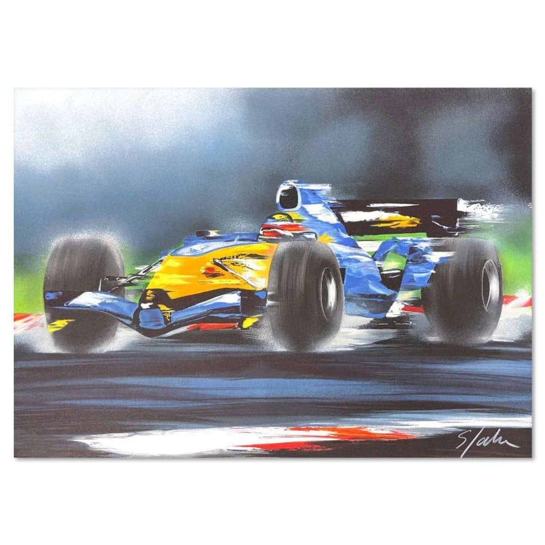 Victor Spahn, "Renault F1 (Alain Prost)" hand signed limited edition lithograph with Certificate of: Renault F1 (Alain Prost) is a limited edition lithograph on paper by Victor Spahn. Printed at Art-Lithographies workshop in Paris, the piece is hand signed by the artist and comes with a certificate o