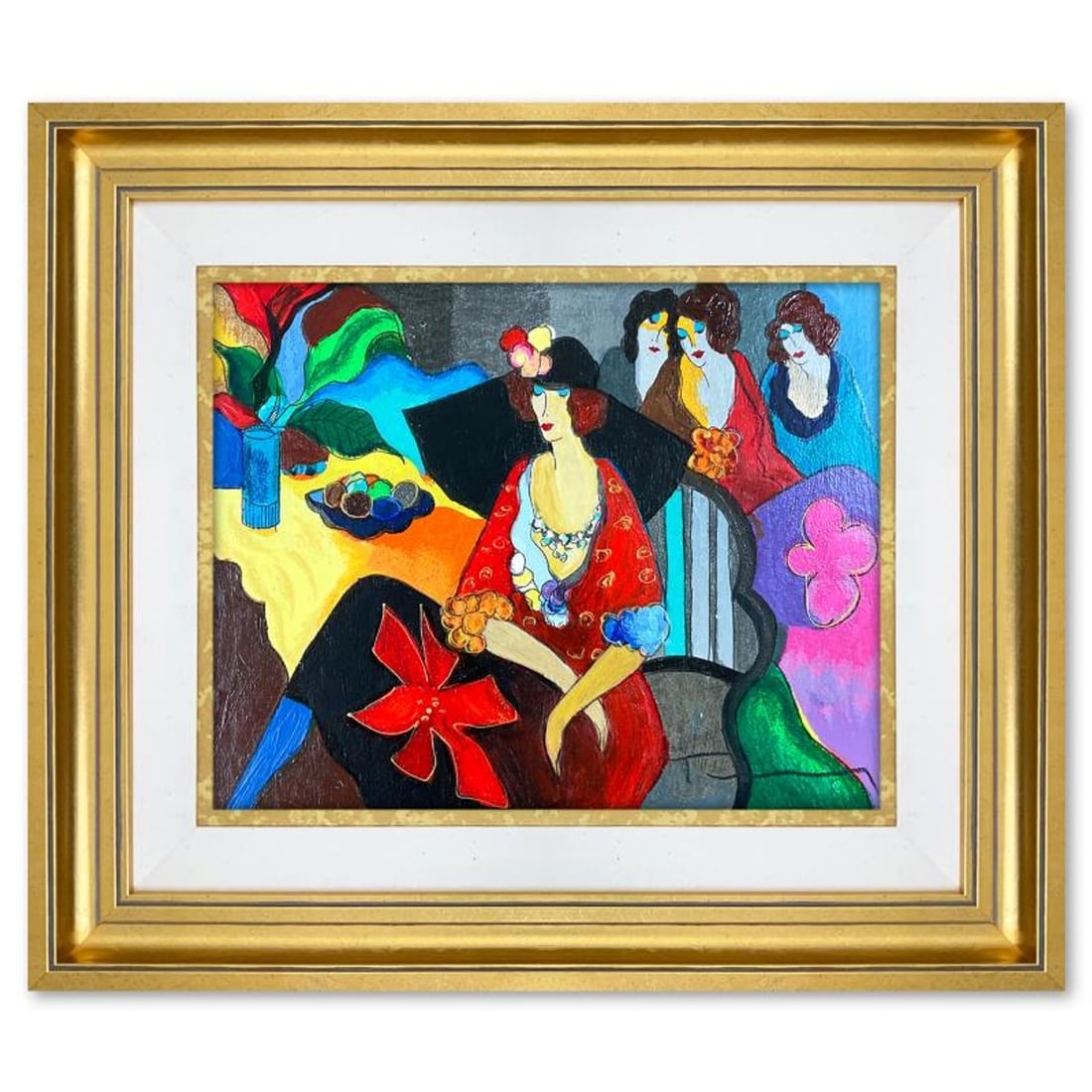 Itzchak Tarkay (1935-2012), "Gossip" Framed One-of-a-Kind Mixed Media Over Paint on Wood, Hand: Gossip is a one-of-a-kind mixed media over paint on wood by Itzchak Tarkay (1935-2012), hand signed by the artist. This piece comes custom framed. Includes Letter of Authenticity. Measures approx. 17"