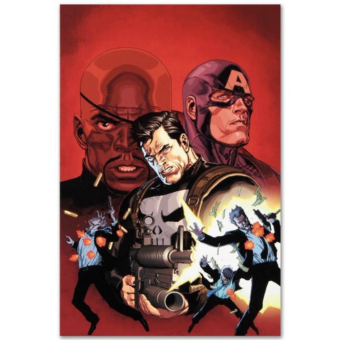 Marvel Comics "Ultimate Avengers #1" Numbered Limited Edition Giclee on Canvas by Leinil Francis Yu: A piece of comic book history, this limited edition, from original art by Leinil Francis Yu, depicts the classic characters Punisher, Captain America, and Nick Fury. After winning the Wizard's Drawing
