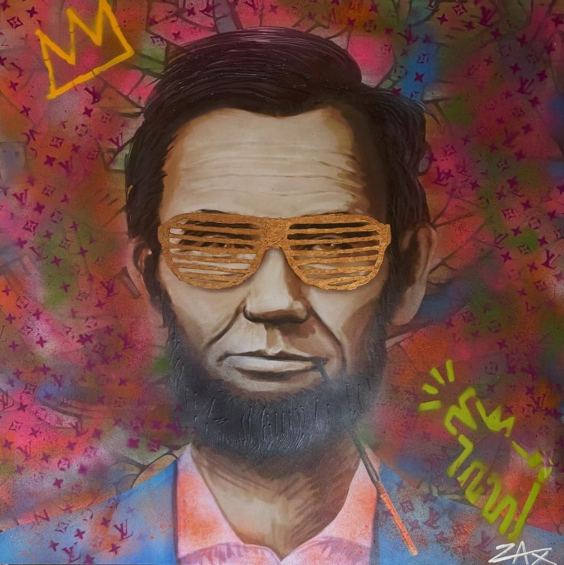 E.M. Zax- 1/1 unique on canvas: Artist: E.M. Zax. Medium: 1/1 unique on canvas. Measures approx. 36" x 36" (framed). Signature: Signed. Additional: Acrylic paints and gold leaf. Reference#: 33389.