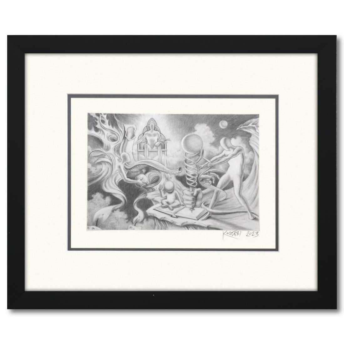 Mark Kostabi- Original Drawing on Paper "Knowledge Unvelled": Artist: Mark Kostabi. Medium: Original Drawing on Paper. Title: Knowledge Unvelled. Size: 7" x 11". Measures approx. 18" x 21" (framed). Signature: Hand signed by the artist. Certificate of Authentici