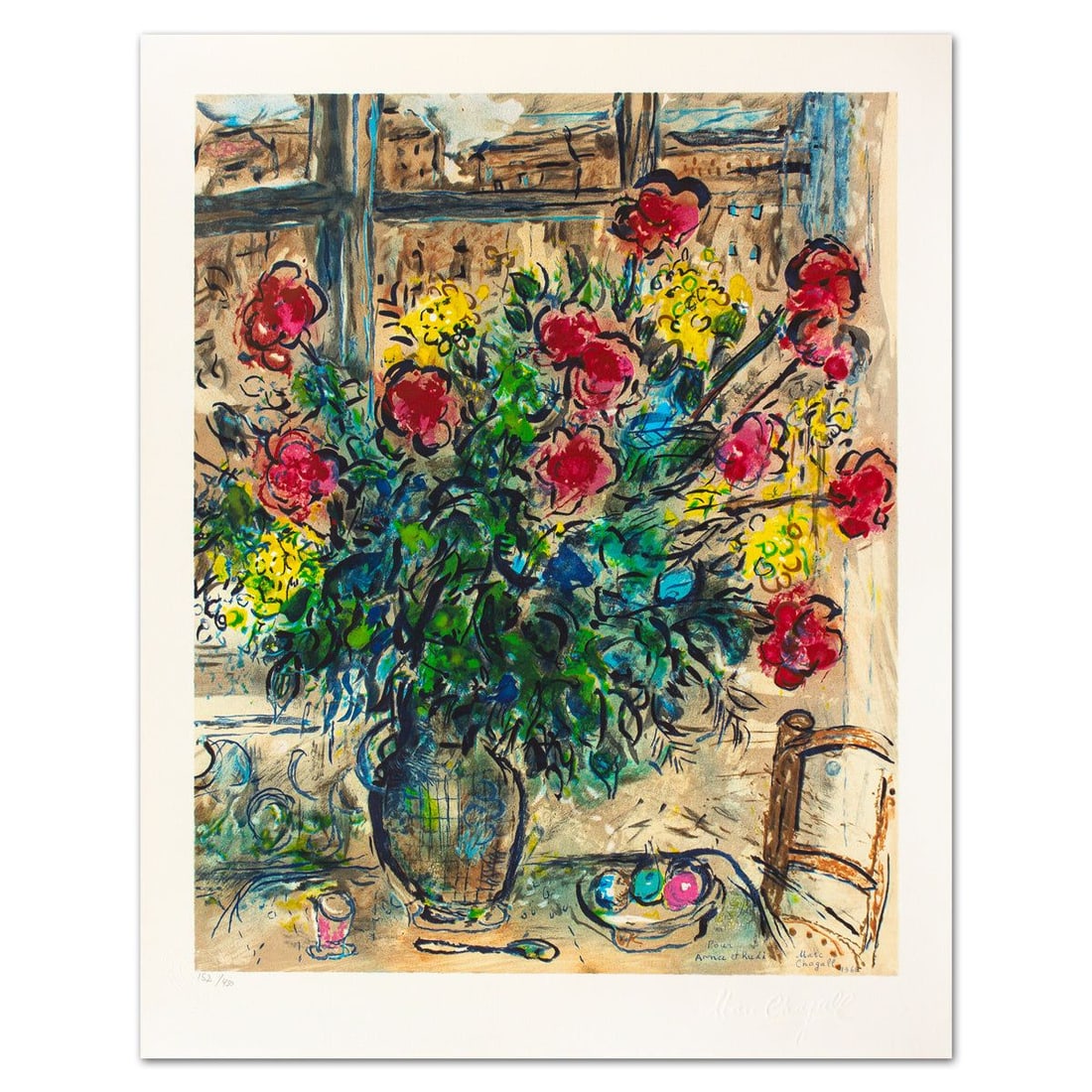 Marc Chagall- Lithograph "Le Bouquet Devant La Fenetre": Artist: Marc Chagall. Medium: Lithograph. Title: Le Bouquet Devant La Fenetre. Size: 24" x 19". Signature: Stamp signed and numbered. Certificate of Authenticity: Is included. Additional: Printed by A