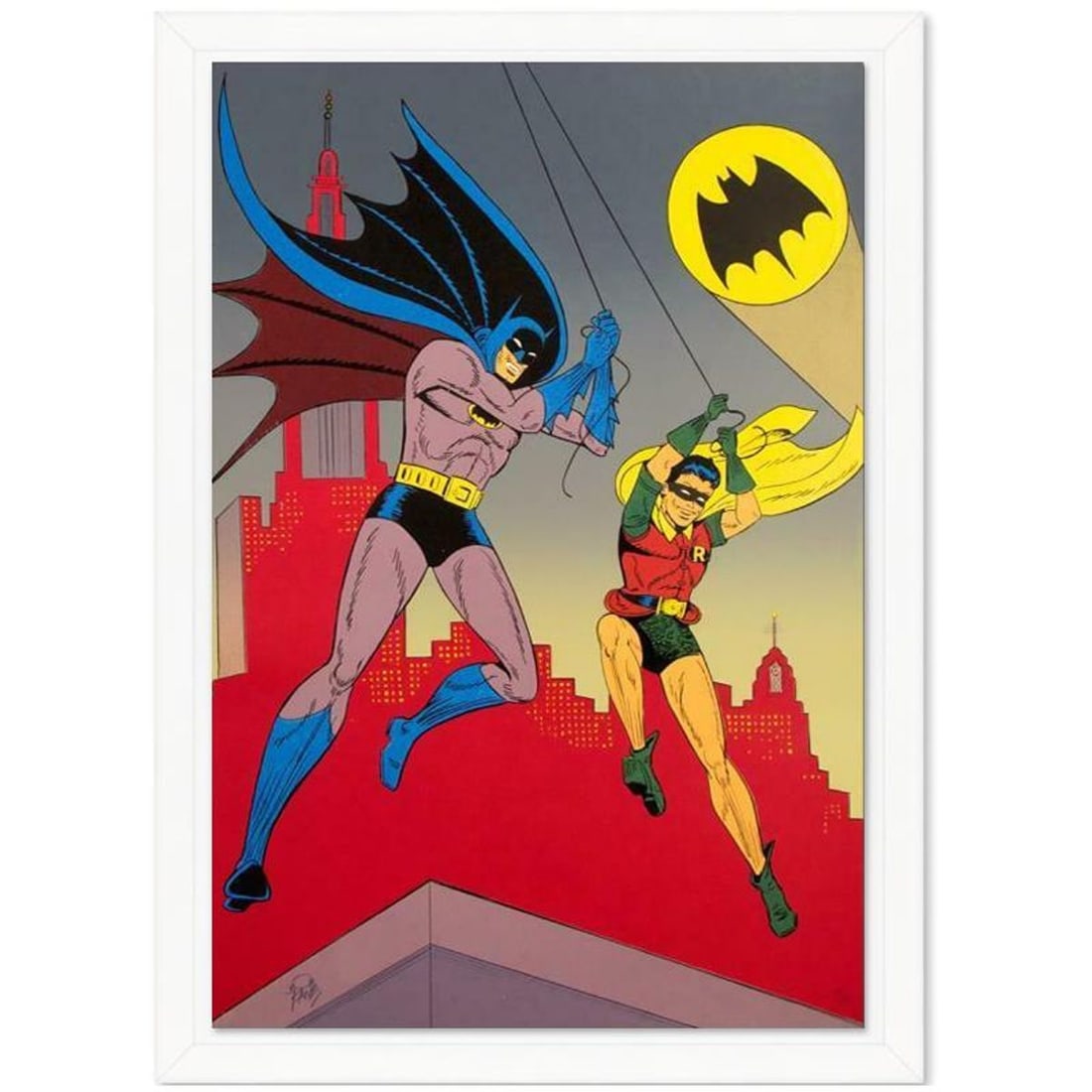 Bob Kane (1915-1998), "Batman and Robin" Framed Hand Signed Limited Edition Original Lithograph with: Batman & Robin is a 1989 limited edition original lithograph on paper by Bob Kane (1915-1998), creator of the DC comics character. This piece is numbered and hand signed by Bob Kane and comes framed. 